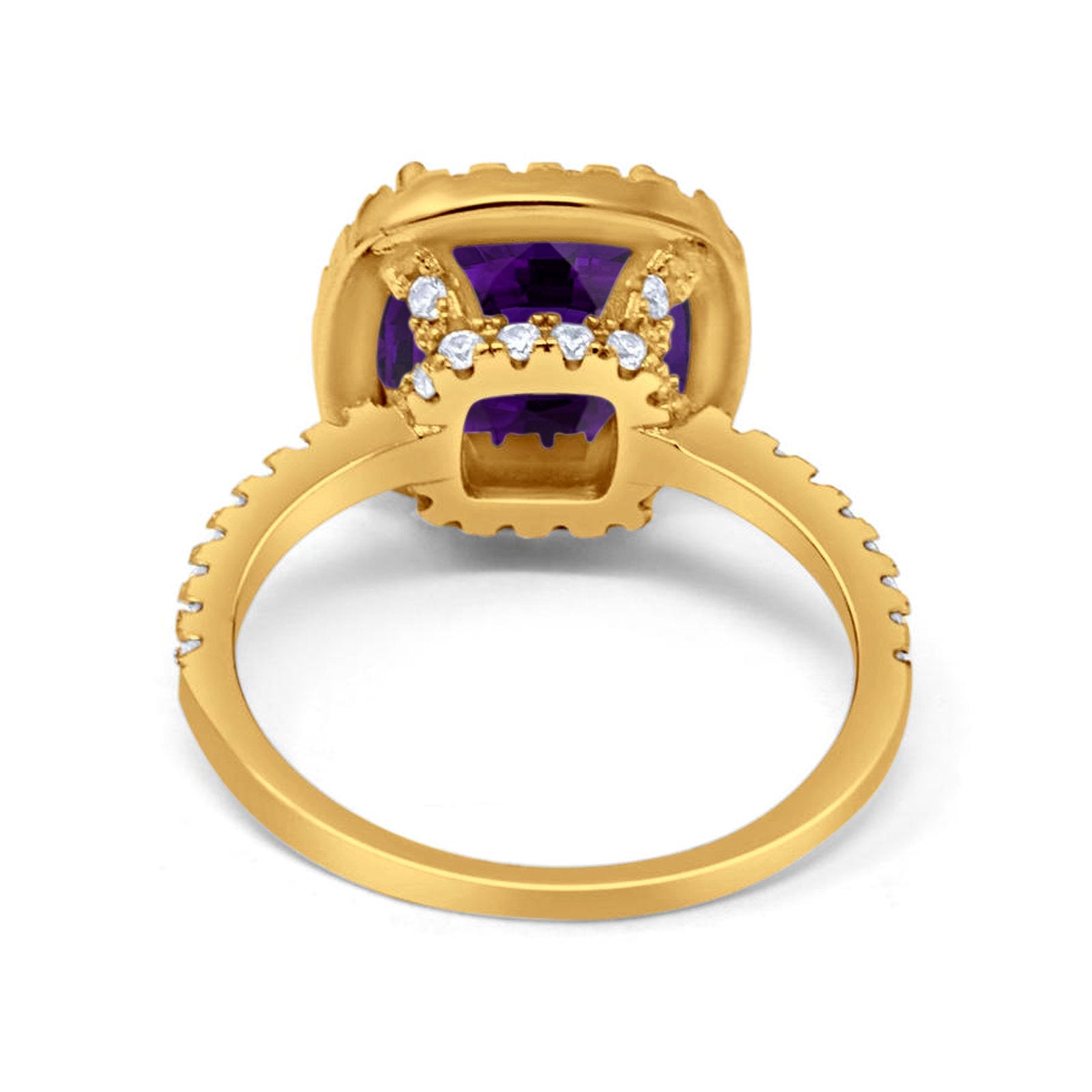 Engagement Ring Solitaire Cushion Yellow Tone, Simulated Amethyst CZ 925 Sterling Silver