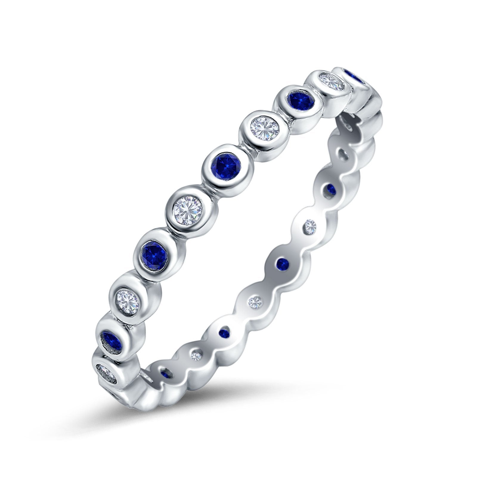 Full Eternity 2.5mm Wedding Stackable Band Ring Round Simulated Blue Sapphire Cubic Zirconia 925 Sterling Silver