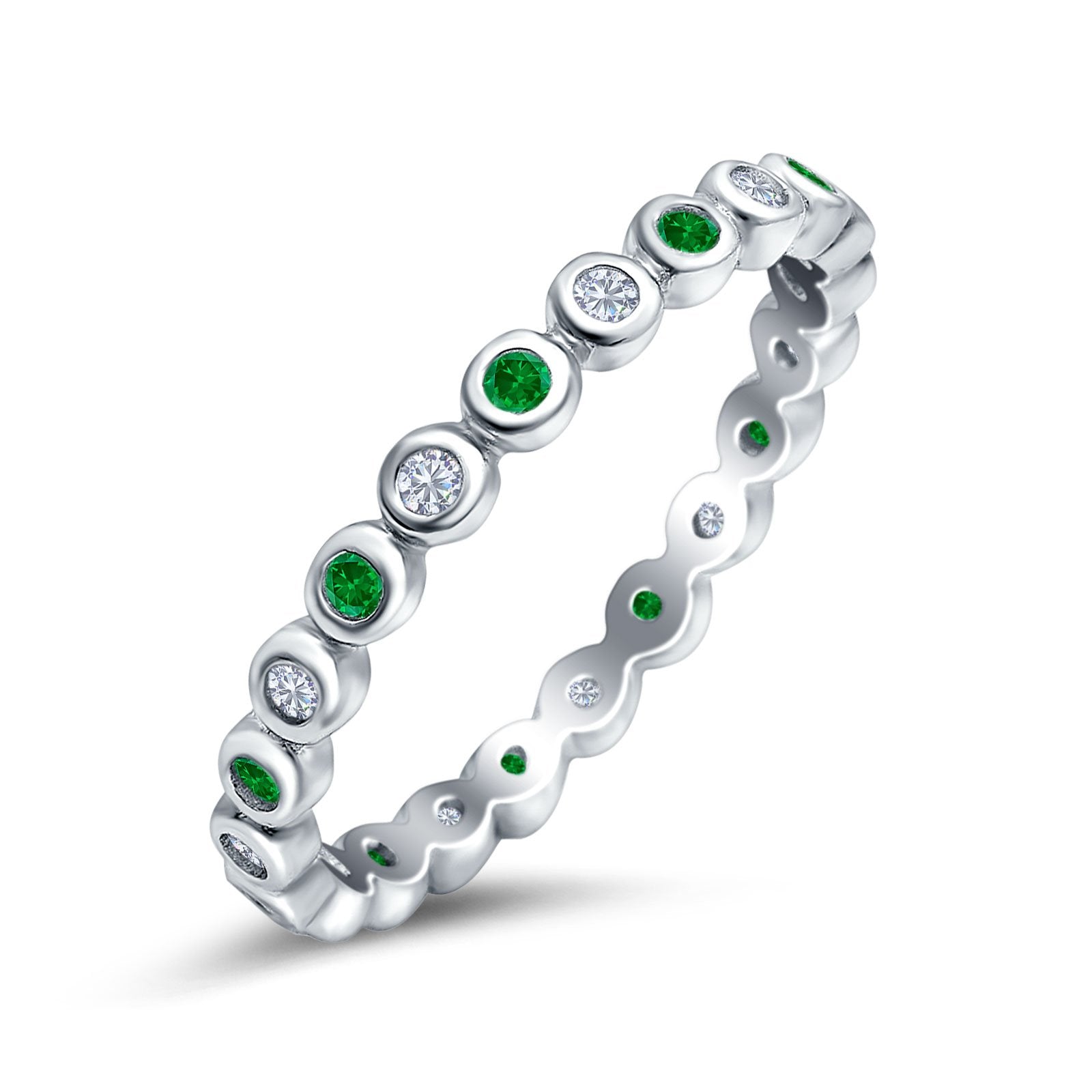 Full Eternity 2.5mm Wedding Stackable Band Ring Round Simulated Green Emerald CZ 925 Sterling Silver