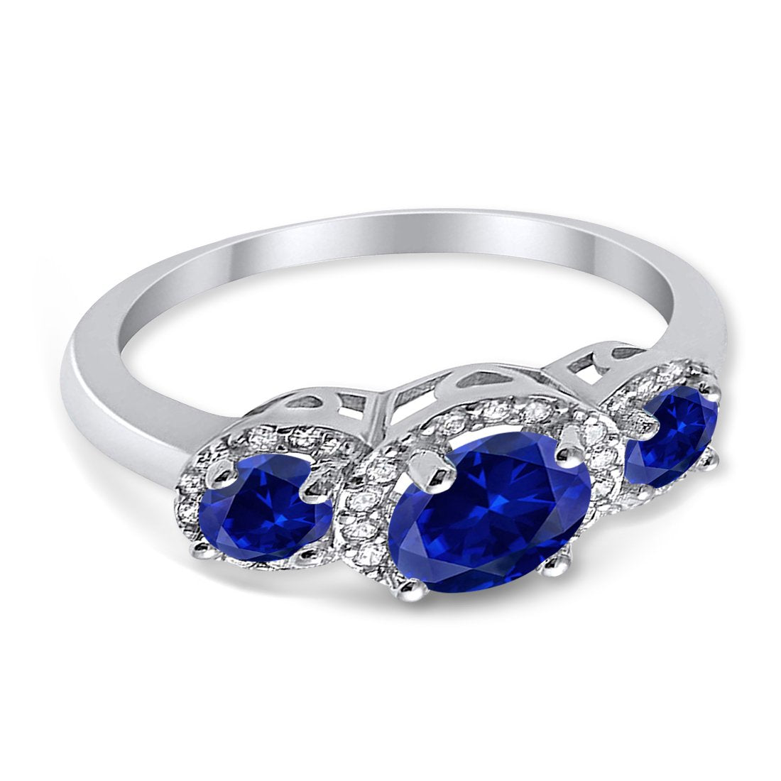 Three Stone Simulated Blue Sapphire CZ Wedding Ring 925 Sterling Silver