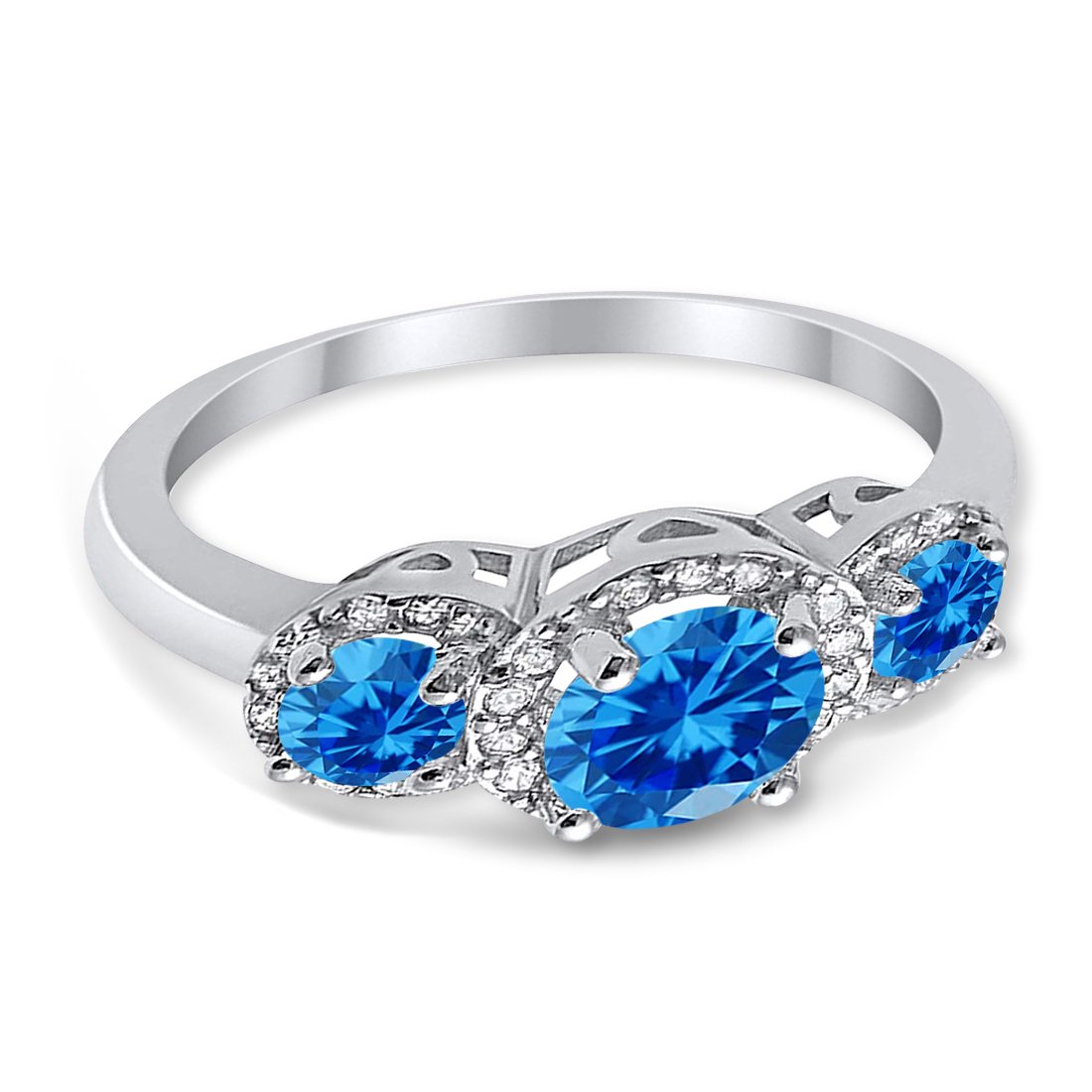 Three Stone Simulated Blue Topaz CZ Wedding Ring 925 Sterling Silver
