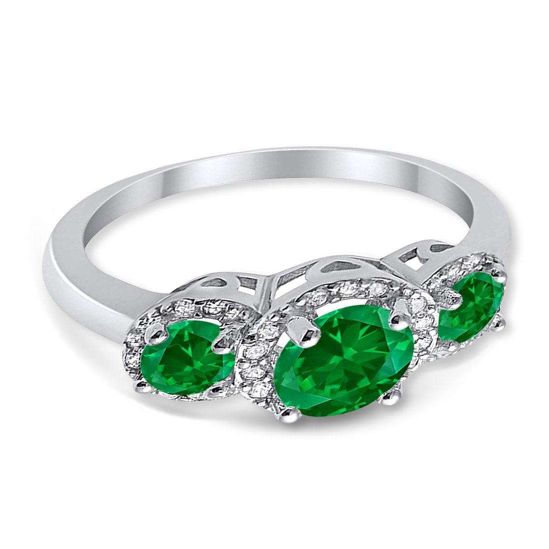 Three Stone Simulated Green Emerald CZ Wedding Ring 925 Sterling Silver