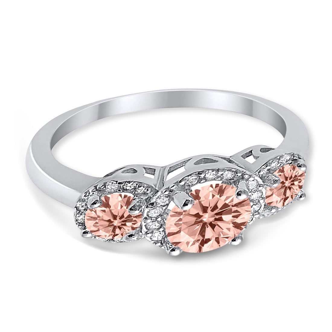 Three Stone Simulated Morganite CZ Wedding Ring 925 Sterling Silver