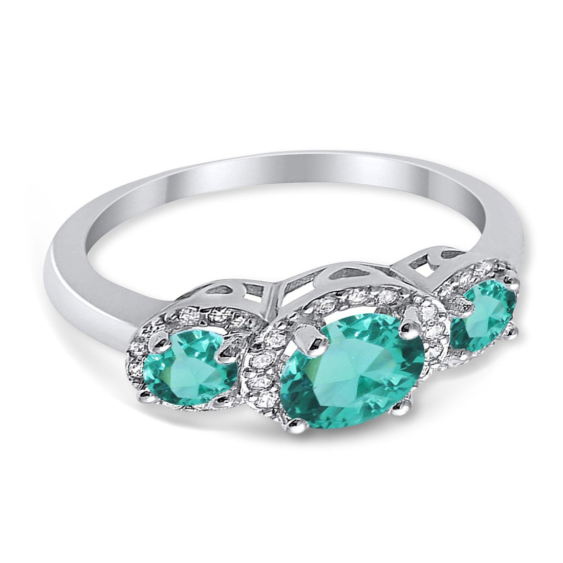 Three Stone Simulated Paraiba Tourmaline CZ Wedding Ring 925 Sterling Silver