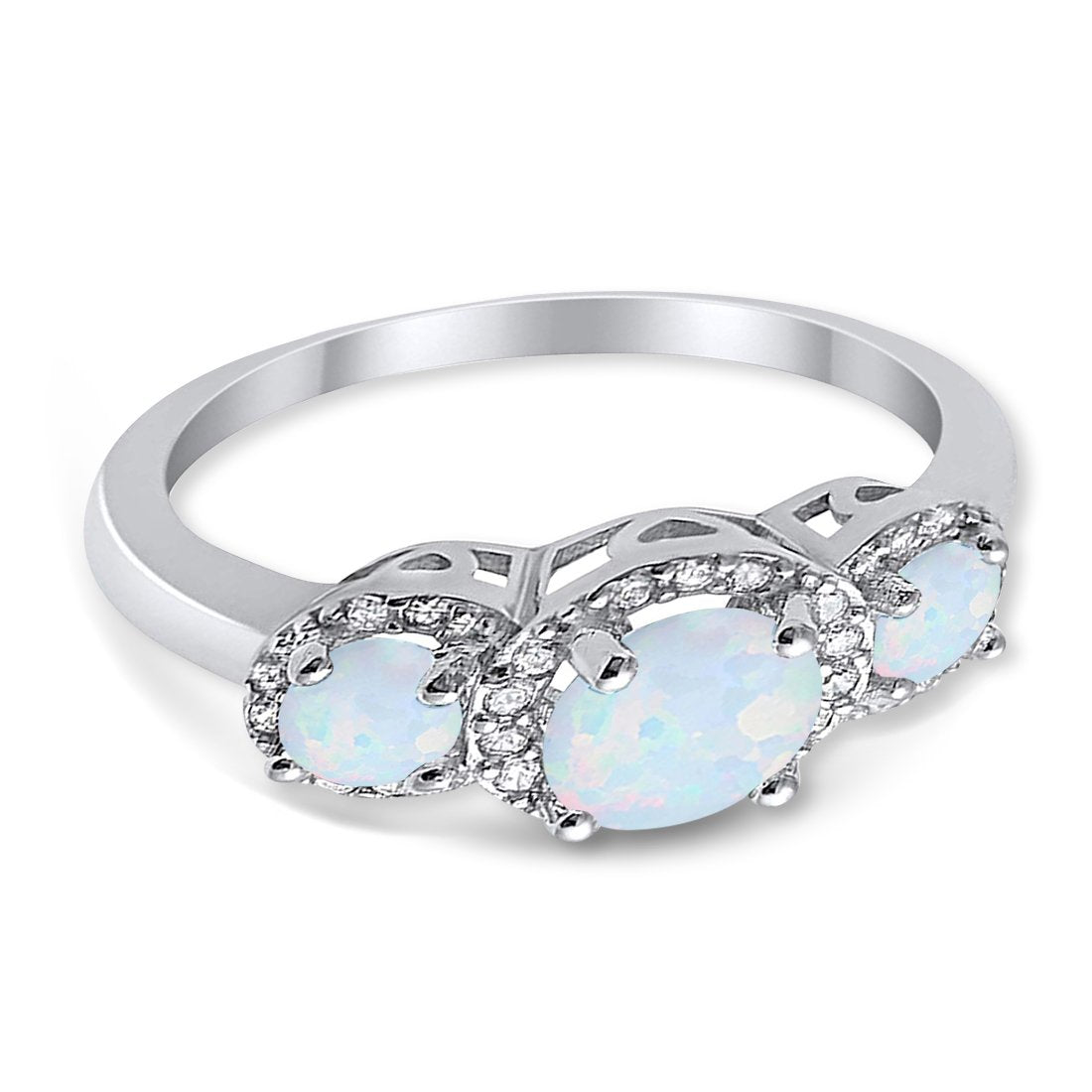 Three Stone Lab Created White Opal Wedding Ring 925 Sterling Silver