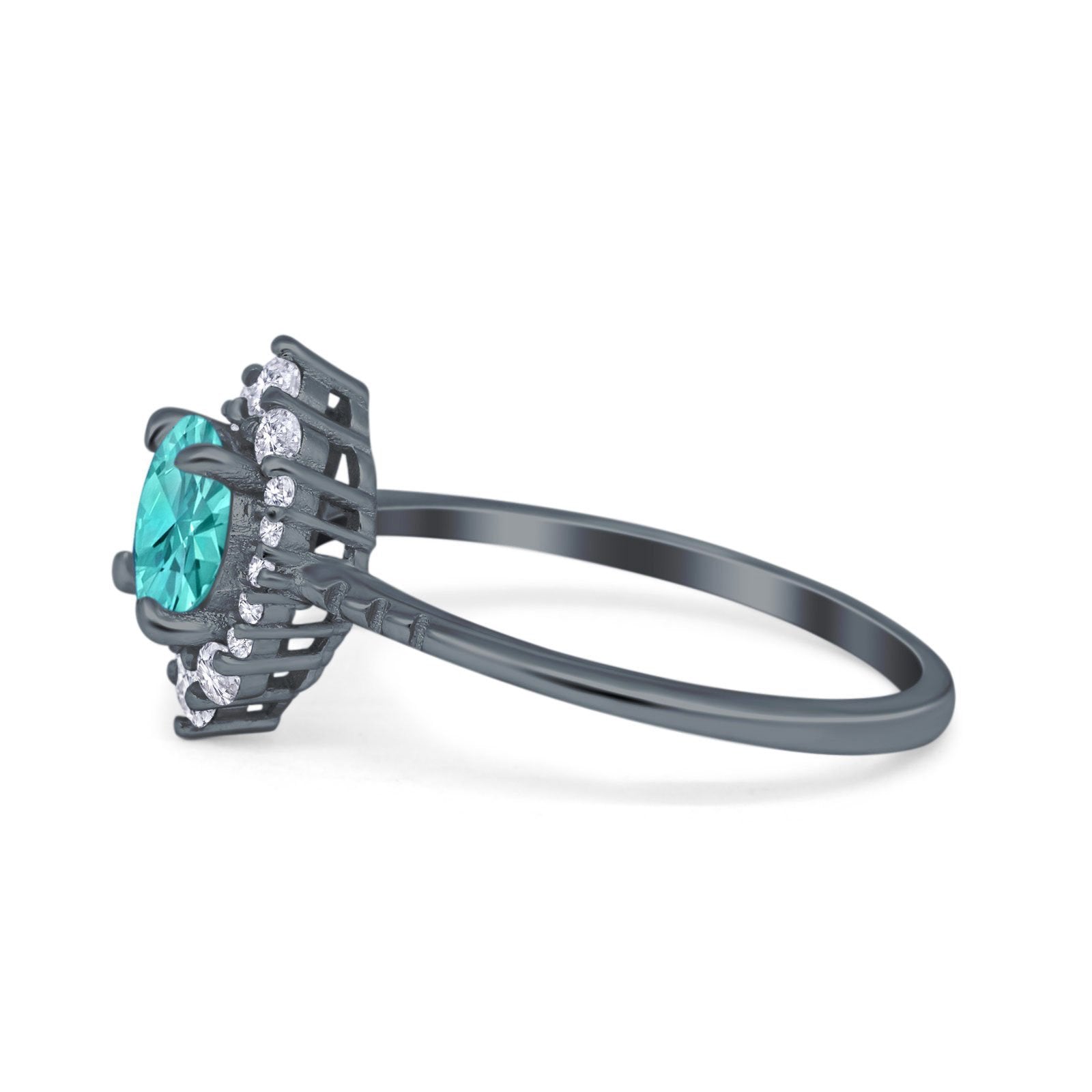 Halo Engagement Ring Vintage Round Black Tone, Simulated Paraiba Tourmaline CZ 925 Sterling Silver