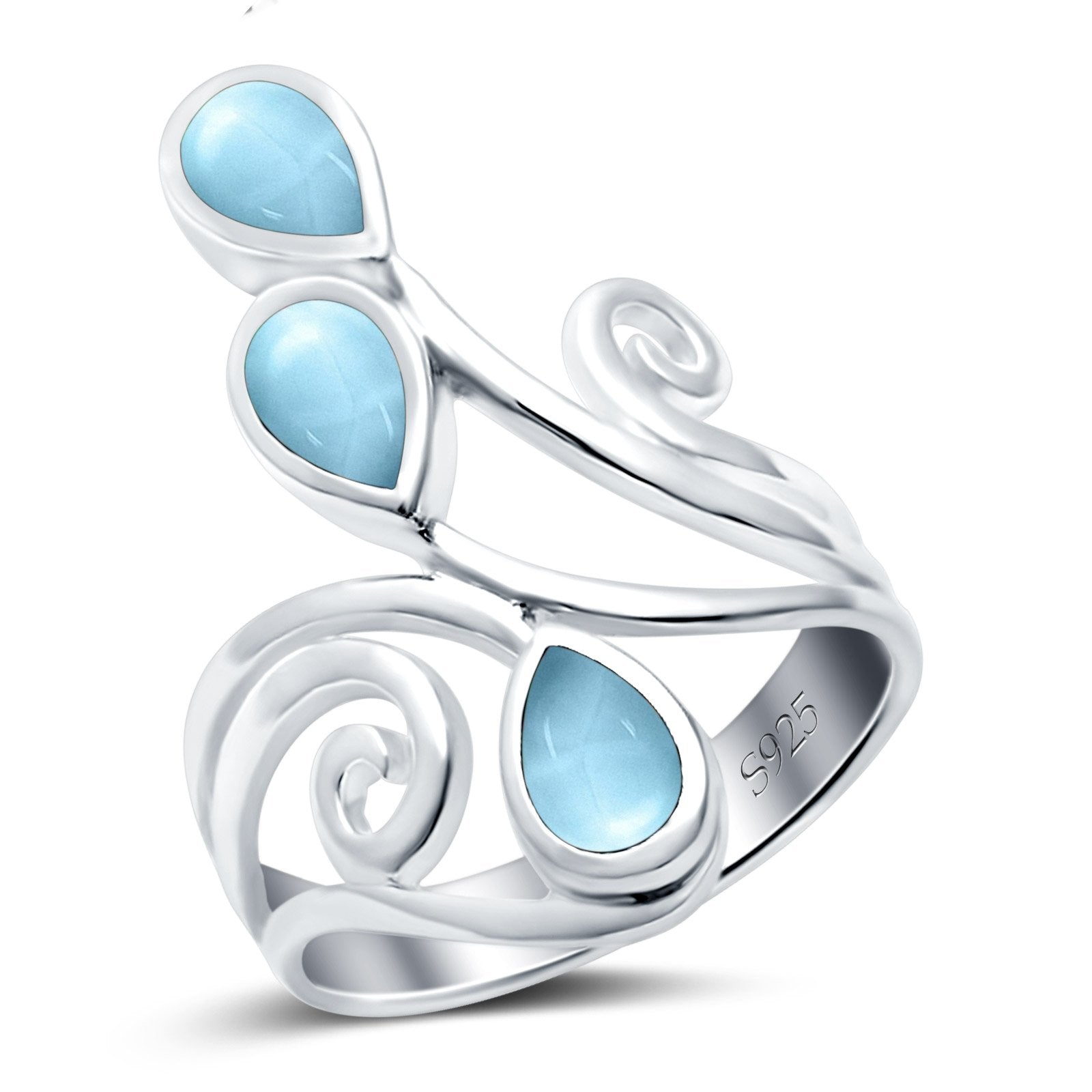 Fashion Teardrop Pear Swirl Spiral Ring Simulated Larimar 925 Sterling Silver