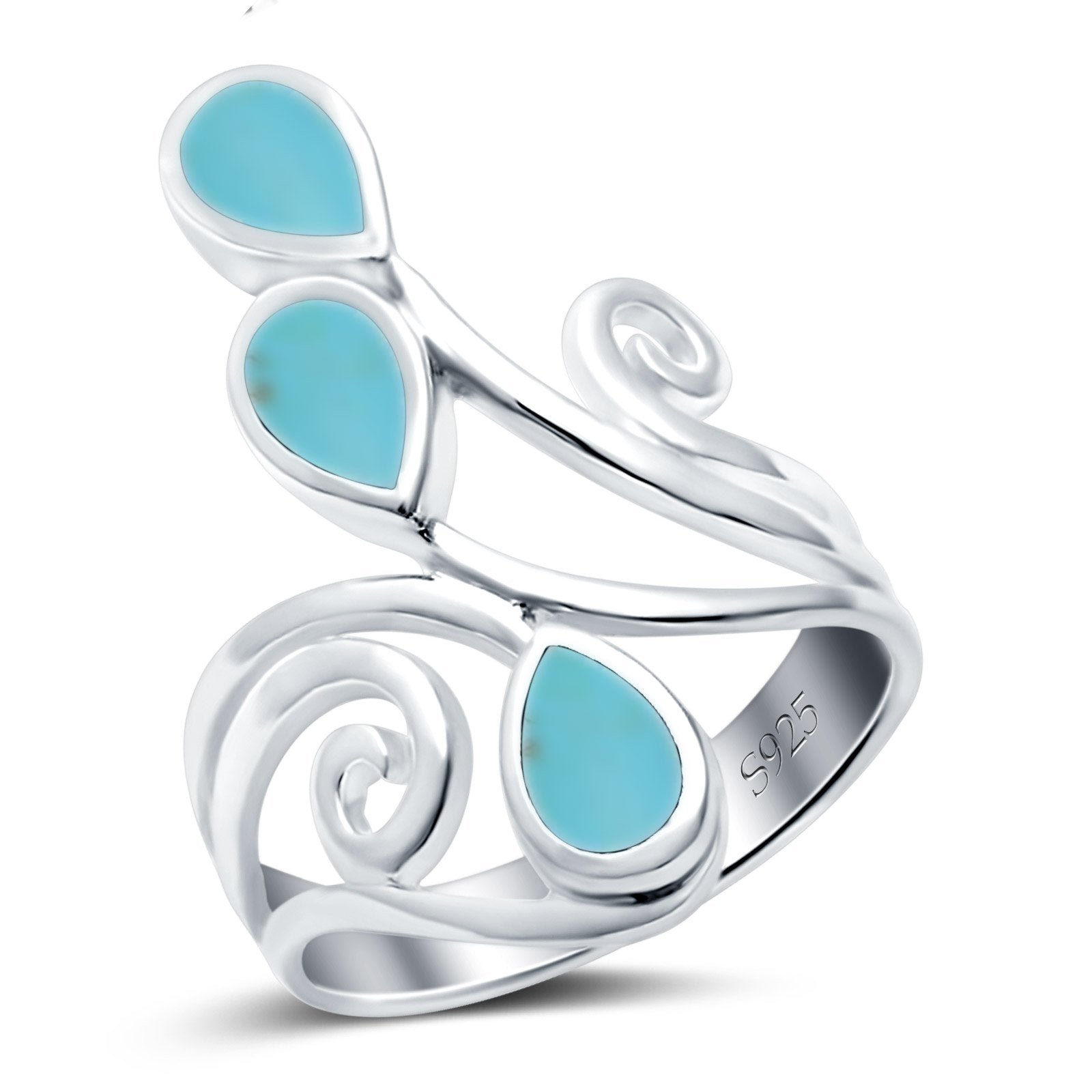 Fashion Teardrop Pear Swirl Spiral Ring Simulated Turquoise 925 Sterling Silver