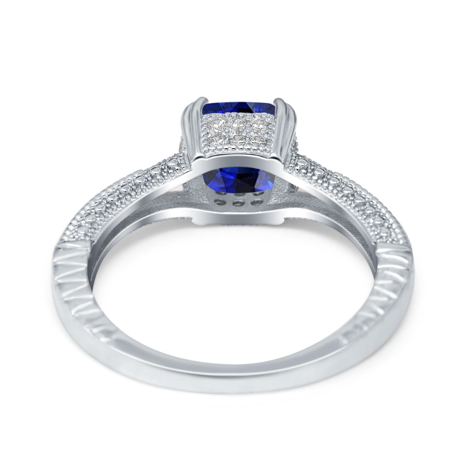 Cushion Cut Art Deco Engagement Ring Simulated Blue Sapphire CZ 925 Sterling Silver