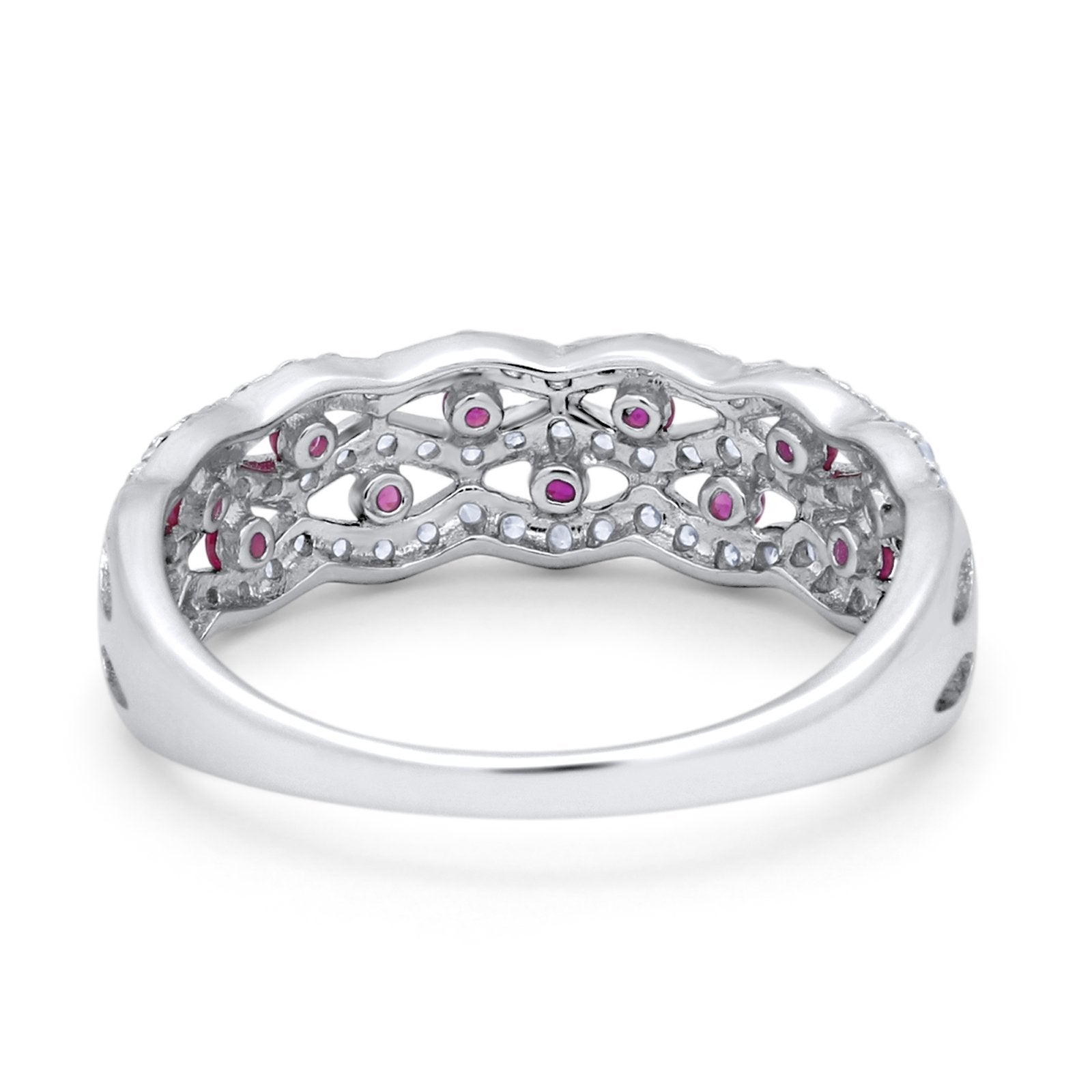 Half Eternity Wedding Ring Round Simulated Ruby CZ 925 Sterling Silver