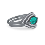Two Piece Marquise Wedding Bridal Ring Band Black Tone, Simulated Paraiba Tourmaline CZ 925 Sterling Silver