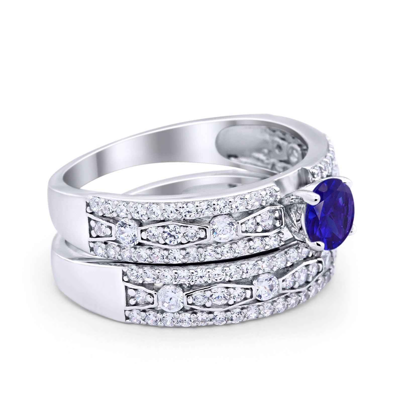 Art Deco Two Piece Bridal Set Wedding Ring Band Round Simulated Blue Sapphire CZ 925 Sterling Silver