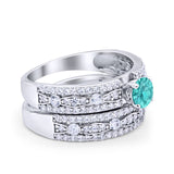 Art Deco Two Piece Bridal Set Wedding Ring Band Round Simulated Paraiba Tourmaline CZ 925 Sterling Silver