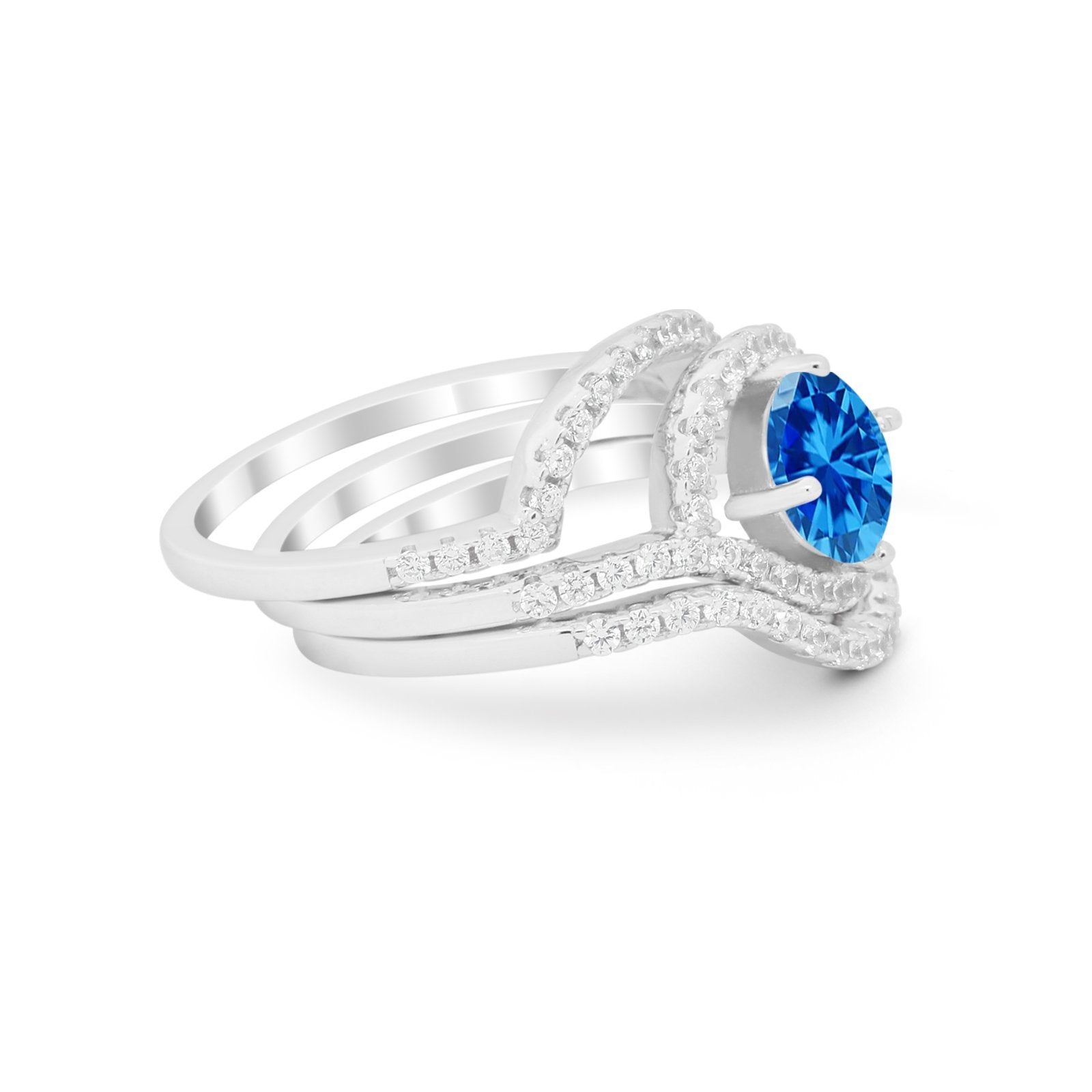 Three Piece Ring Band Round Simulated Blue Topaz CZ 925 Sterling Silver