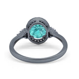 Halo Art Deco Oval Engagement Ring Black Tone, Simulated Paraiba Tourmaline CZ 925 Sterling Silver