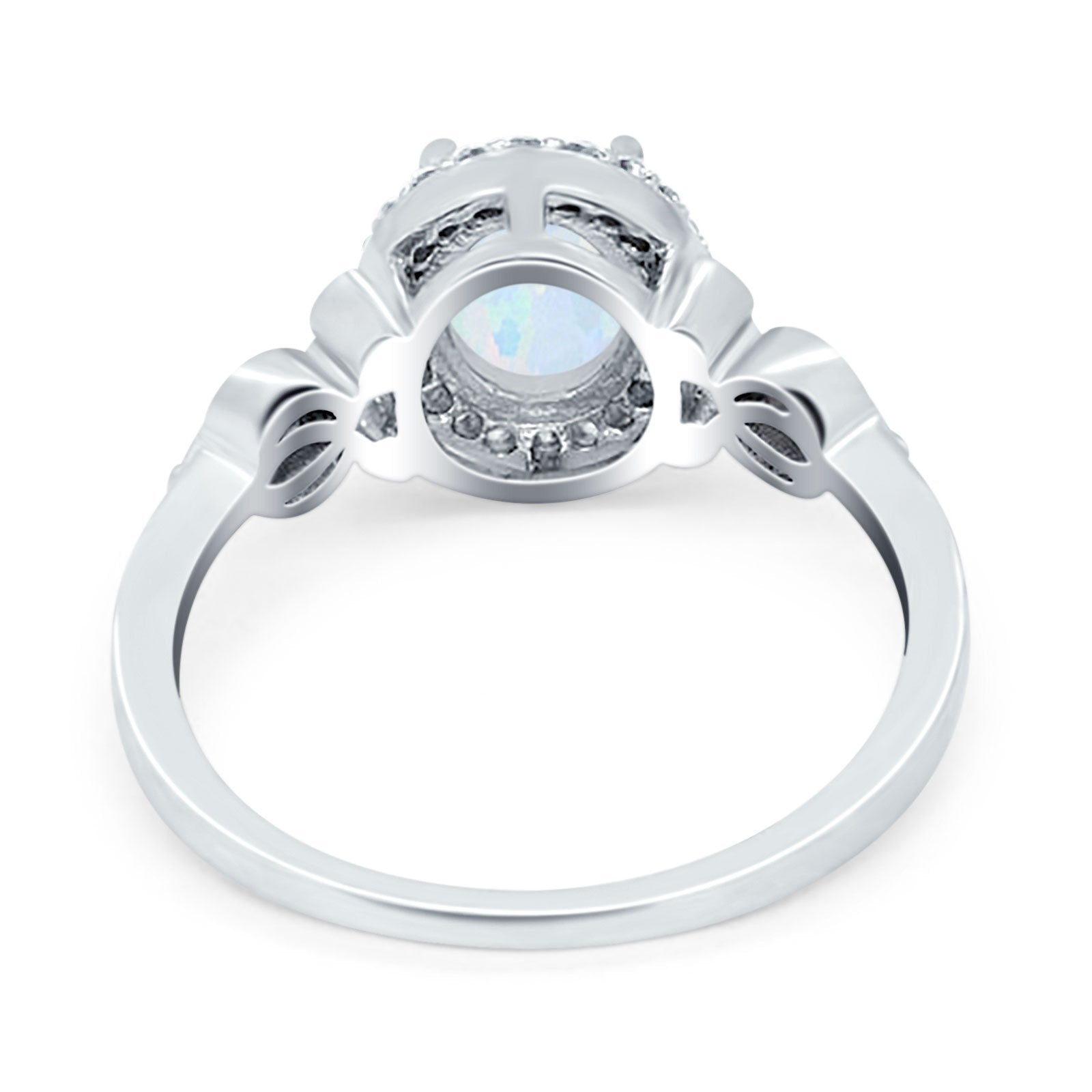 Oval Engagement Ring Halo Lab Created White Opal 925 Sterling Silver