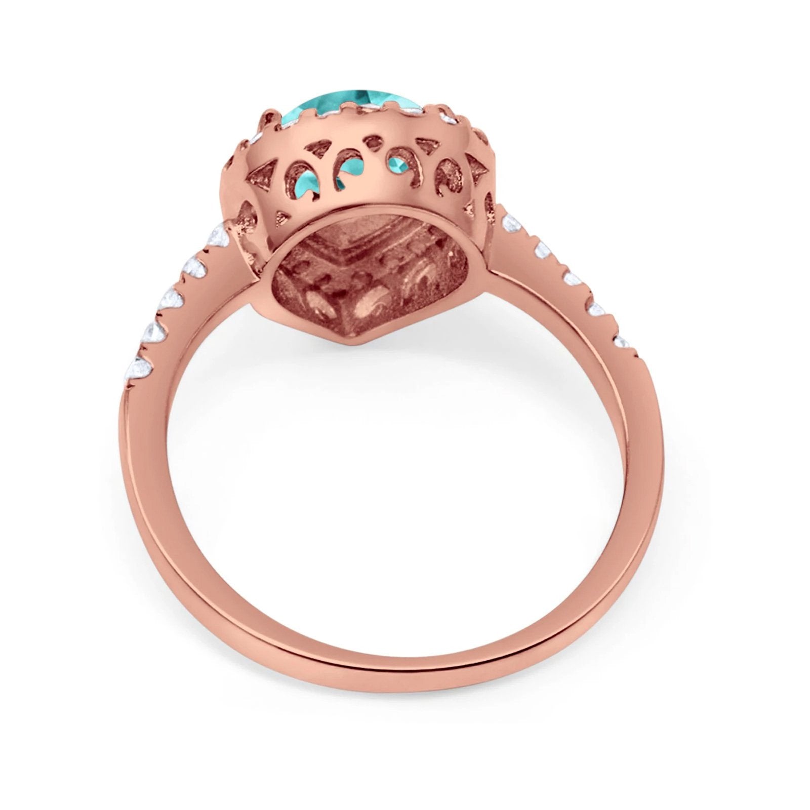 Halo Teardrop Filigree Ring Rose Tone, Simulated Paraiba Tourmaline CZ 925 Sterling Silver