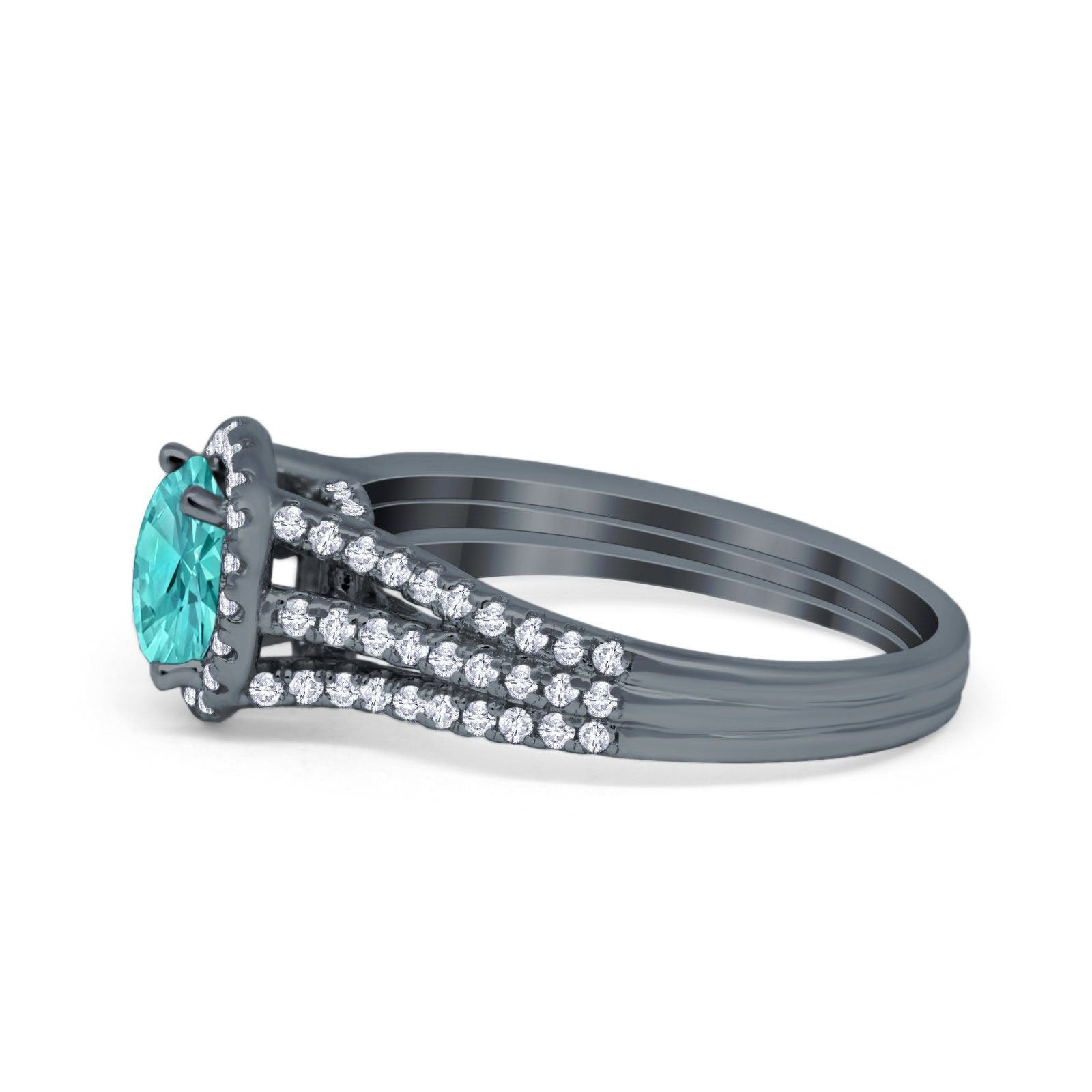 Halo Engagement Ring Accent Dazzling Black Tone, Simulated Paraiba Tourmaline CZ 925 Sterling Silver