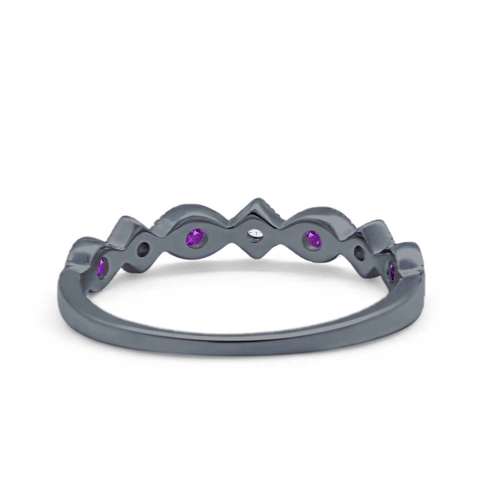 Art Deco Stacking Half Eternity Wedding Ring Black Tone, Simulated Amethyst CZ 925 Sterling Silver