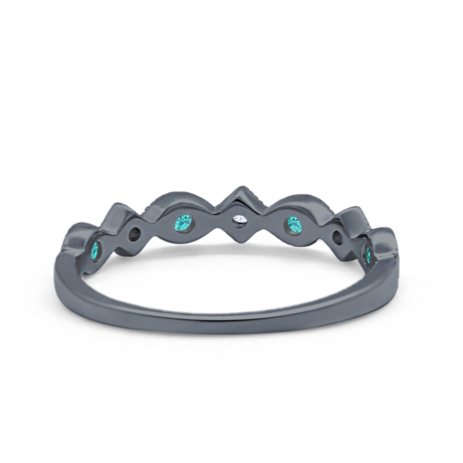 Art Deco Stacking Half Eternity Wedding Ring Black Tone, Simulated Paraiba Tourmaline CZ 925 Sterling Silver