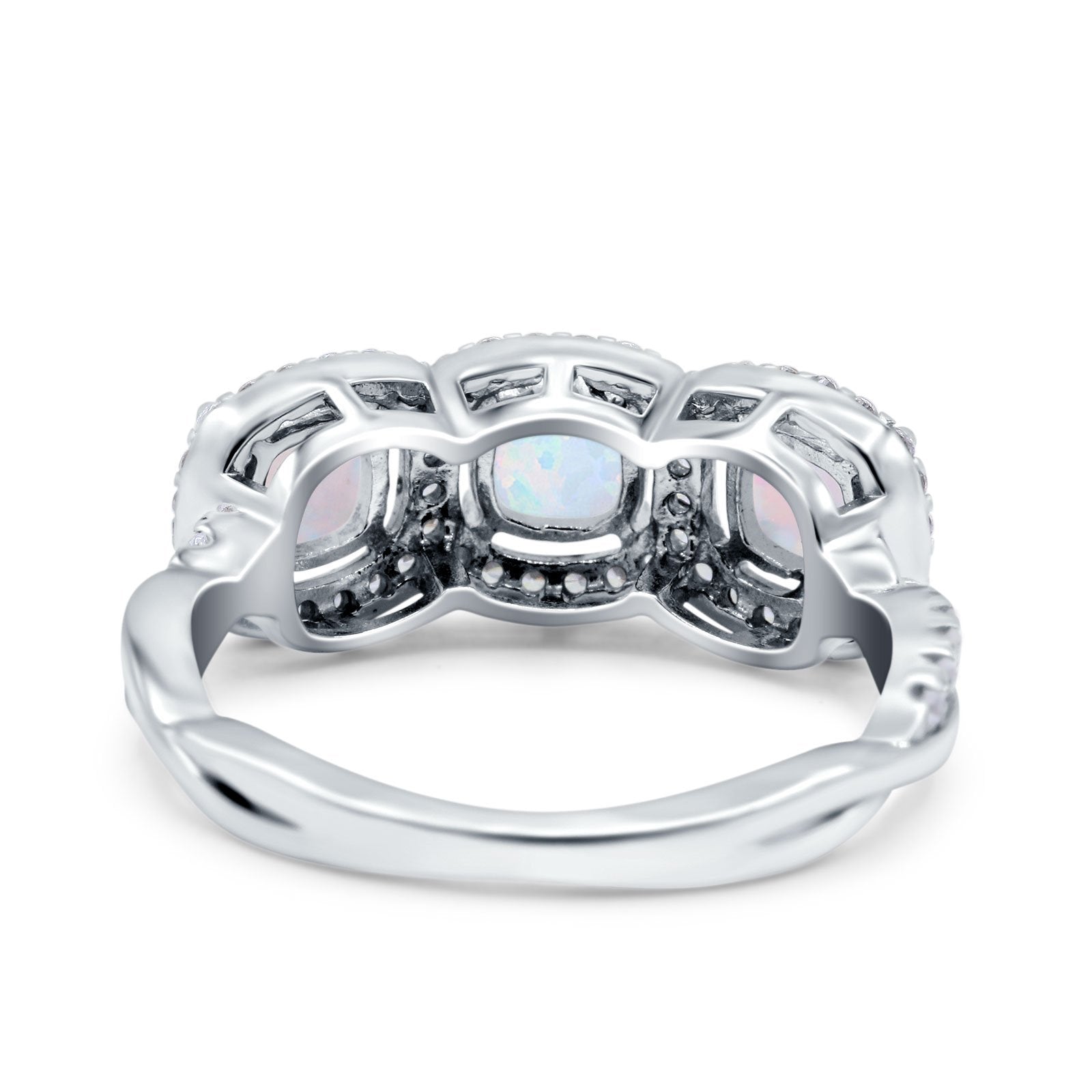 Halo Cushion Art Deco Three Stone Wedding Bridal Ring Lab Created White Opal 925 Sterling Silver