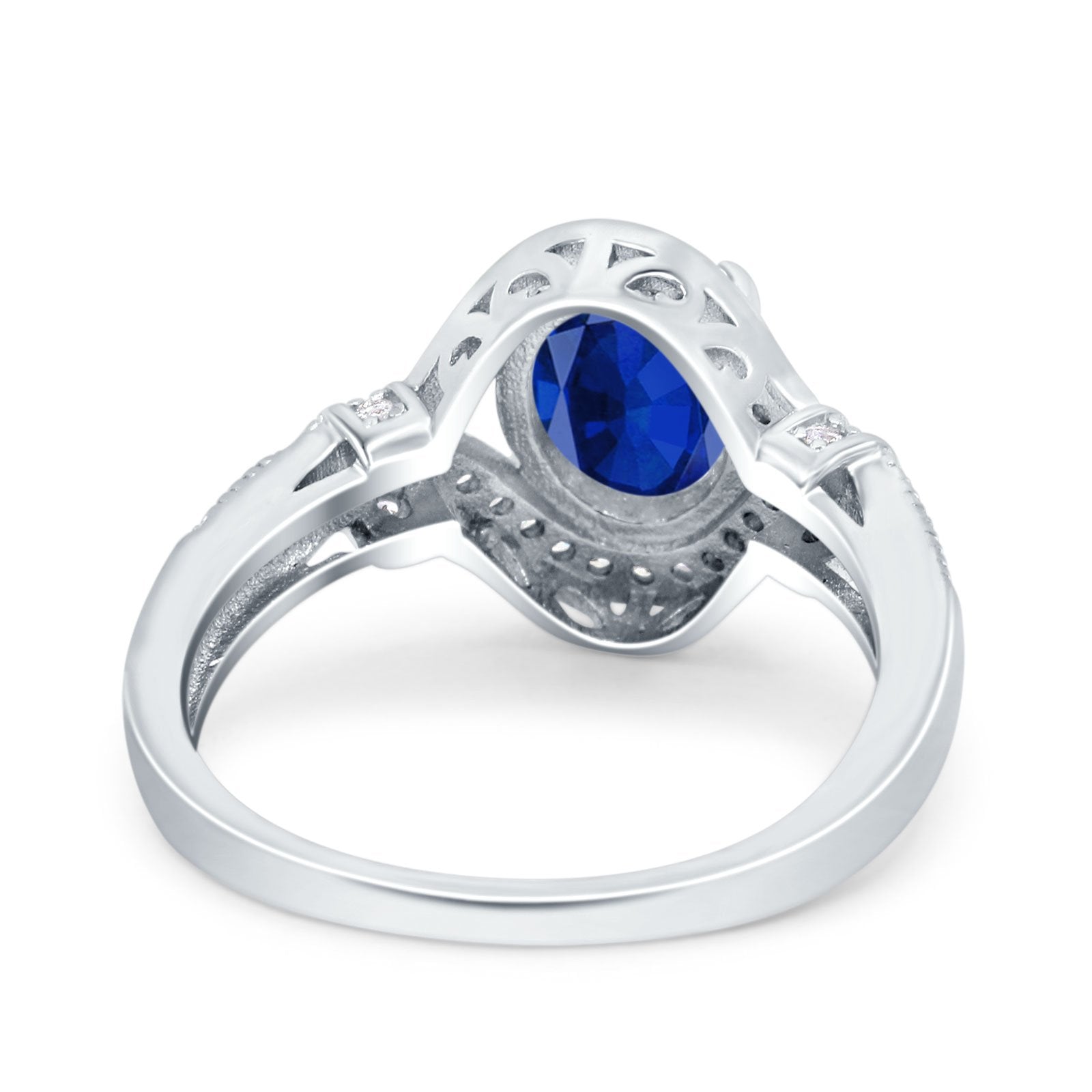 Oval Art Deco Wedding Ring Accent Vintage Simulated Blue Sapphire CZ 925 Sterling Silver