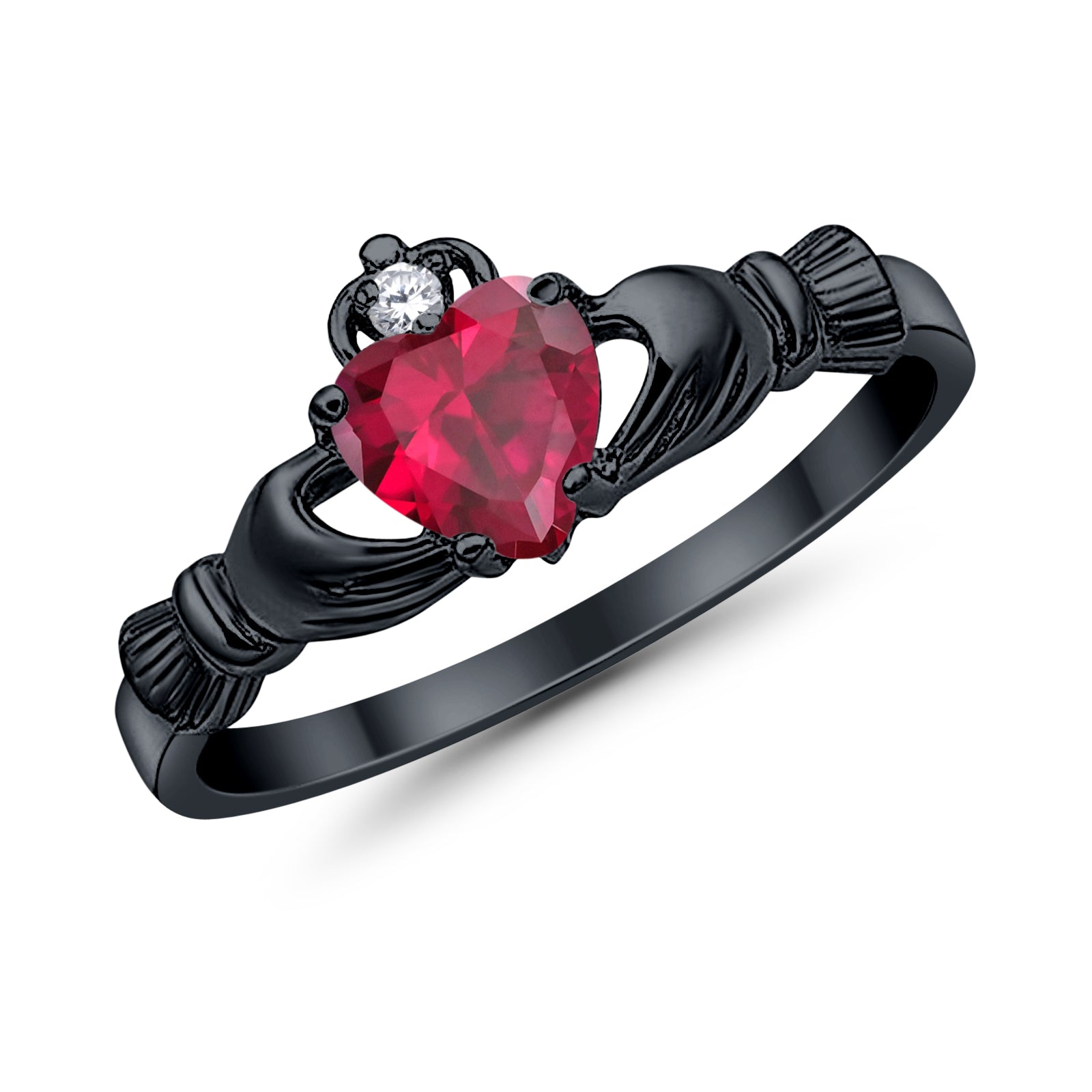 Irish Claddagh Heart Promise Ring Black Tone, Simulated Ruby CZ 925 Sterling Silver
