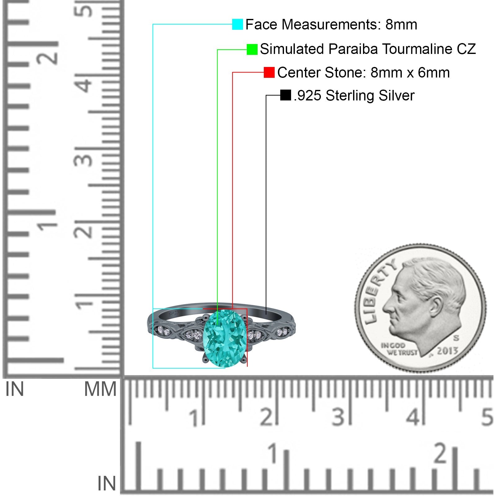 Art Deco Oval Engagement Black Tone, Simulated Paraiba Tourmaline CZ 925 Sterling Silver