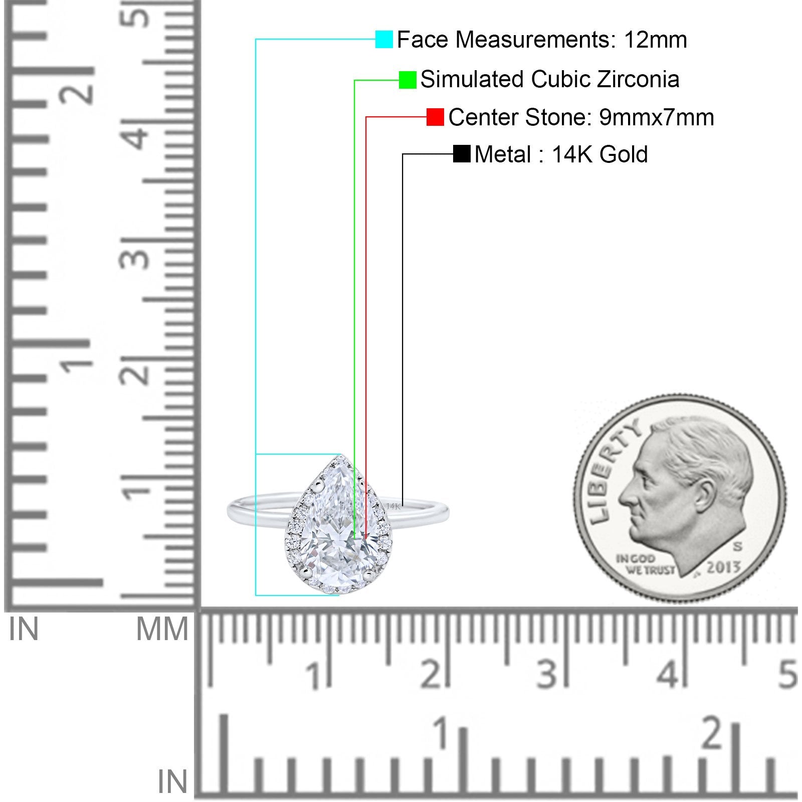 14K White Gold Teardrop Pear Wedding Ring Simulated Cubic Zirconia Size-7