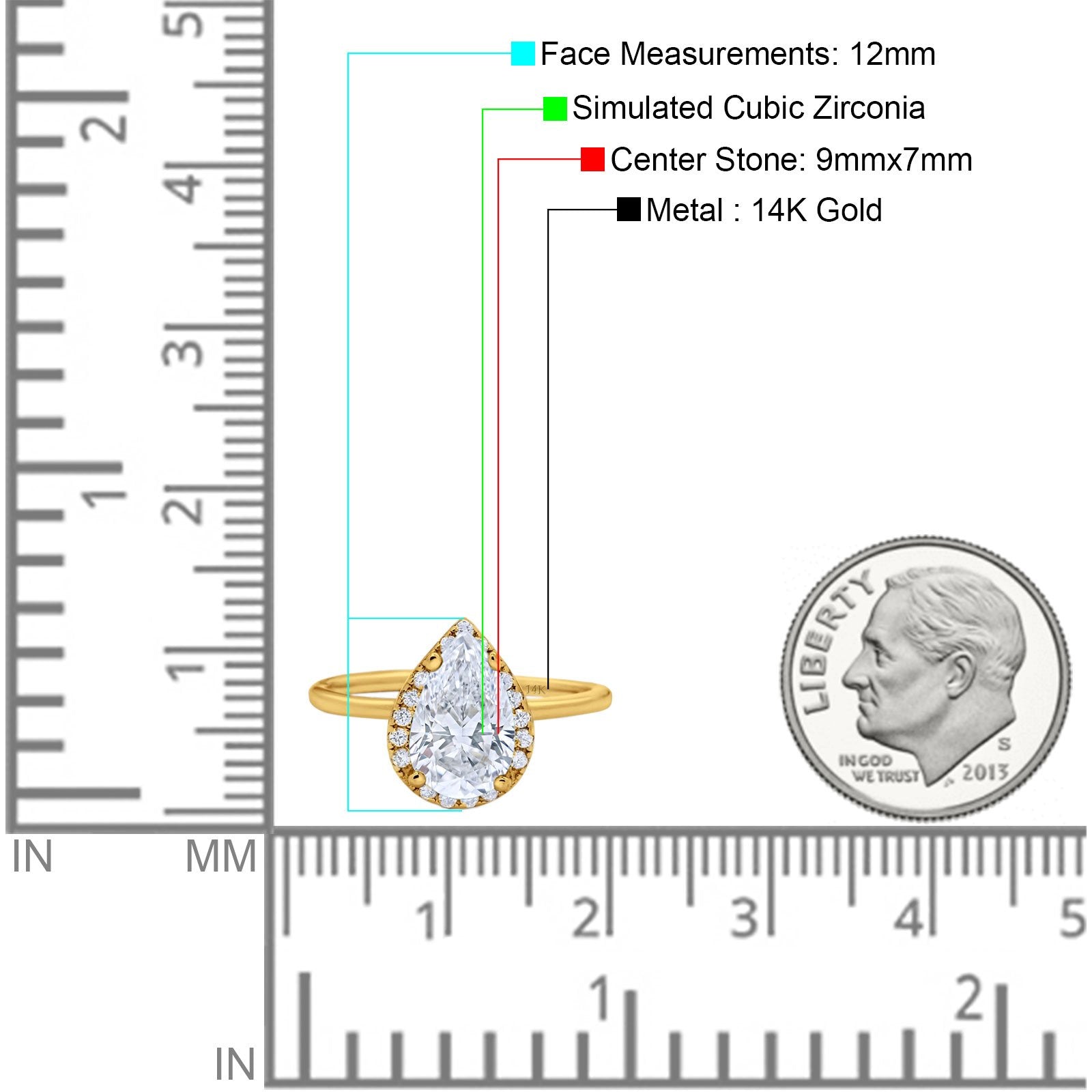 14K Yellow Gold Teardrop Pear Wedding Ring Simulated Cubic Zirconia Size-7