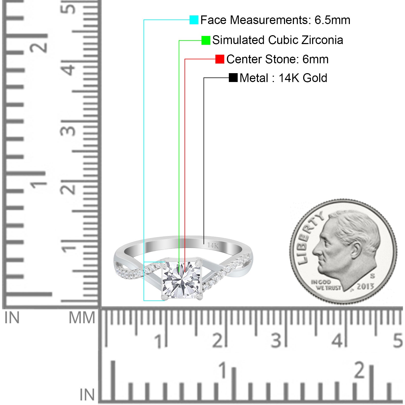 14K White Gold Infinity Shank Princess Cut Engagement Ring Simulated Cubic Zirconia Size-7