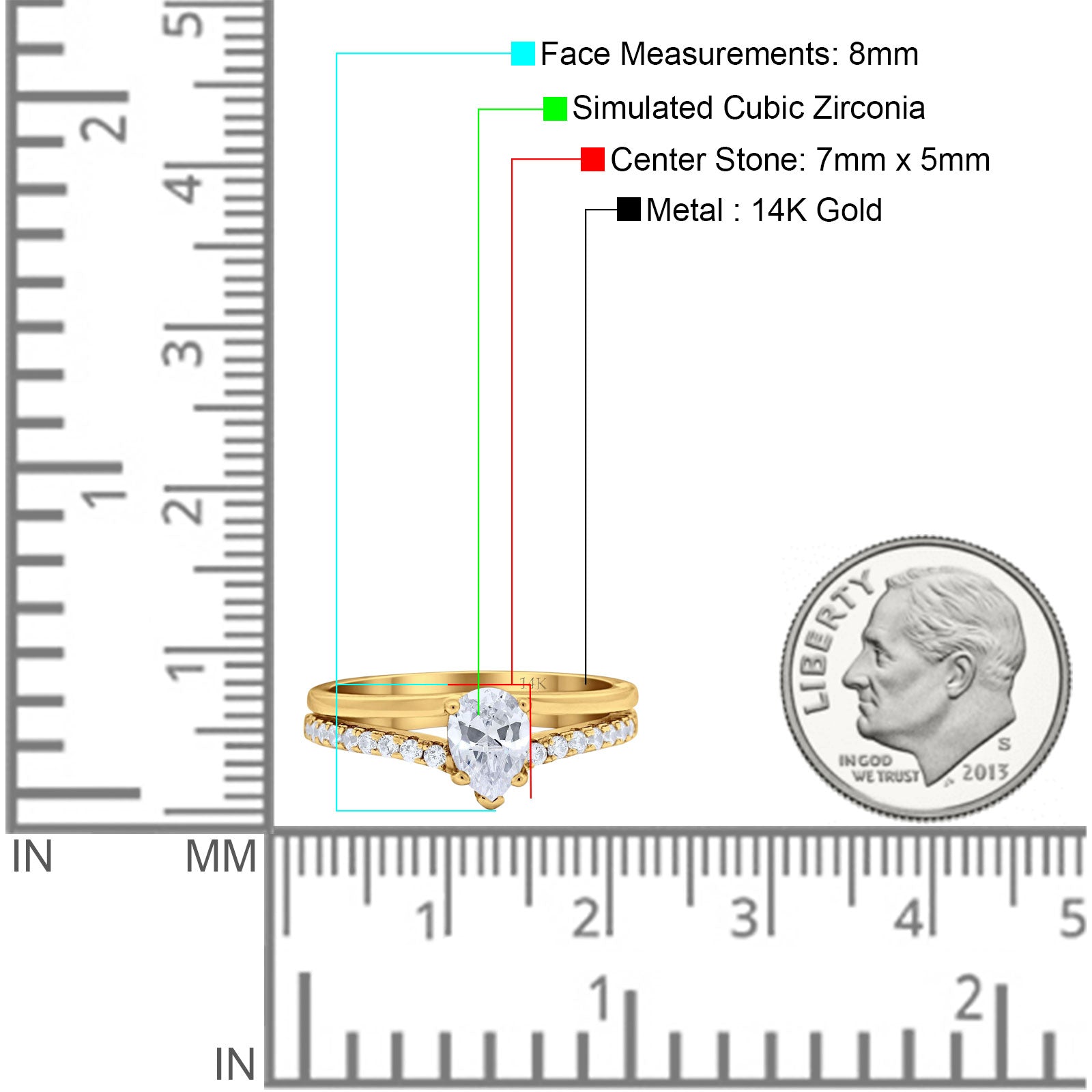 14K Yellow Gold Teardrop Pear Accent Simulated CZ Wedding Engagement Ring Size 7
