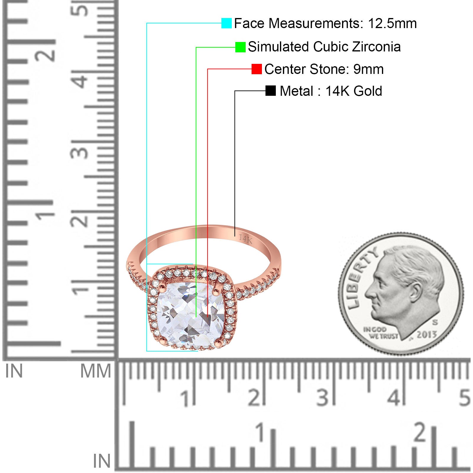 14K Rose Gold Halo Cushion Bridal Simulated CZ Wedding Engagement Ring Size 7