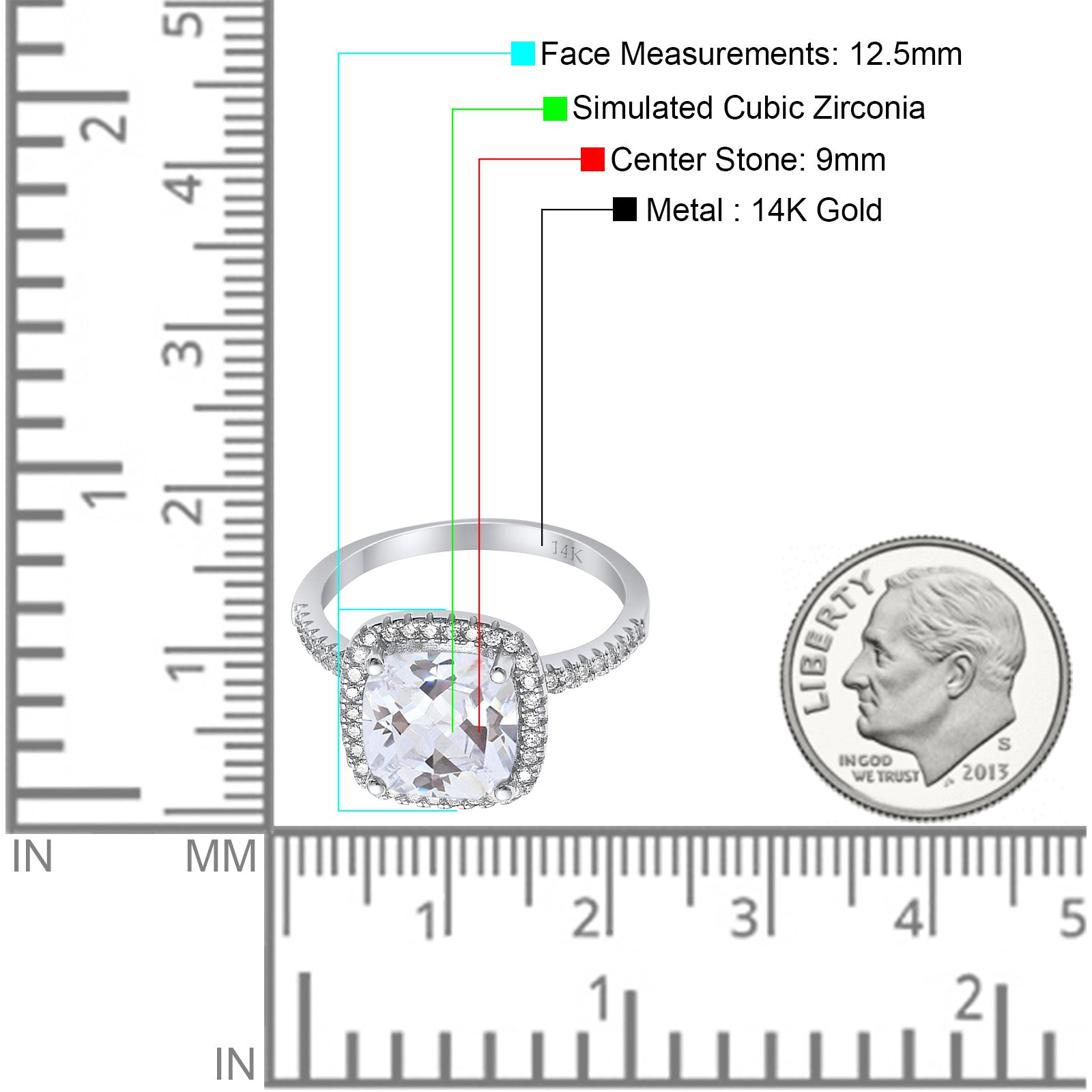 14K White Gold Halo Cushion Bridal Simulated CZ Wedding Engagement Ring Size 7