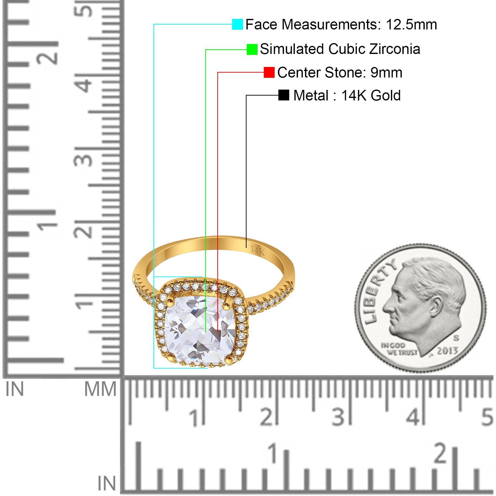 14K Yellow Gold Halo Cushion Bridal Simulated CZ Wedding Engagement Ring Size 7