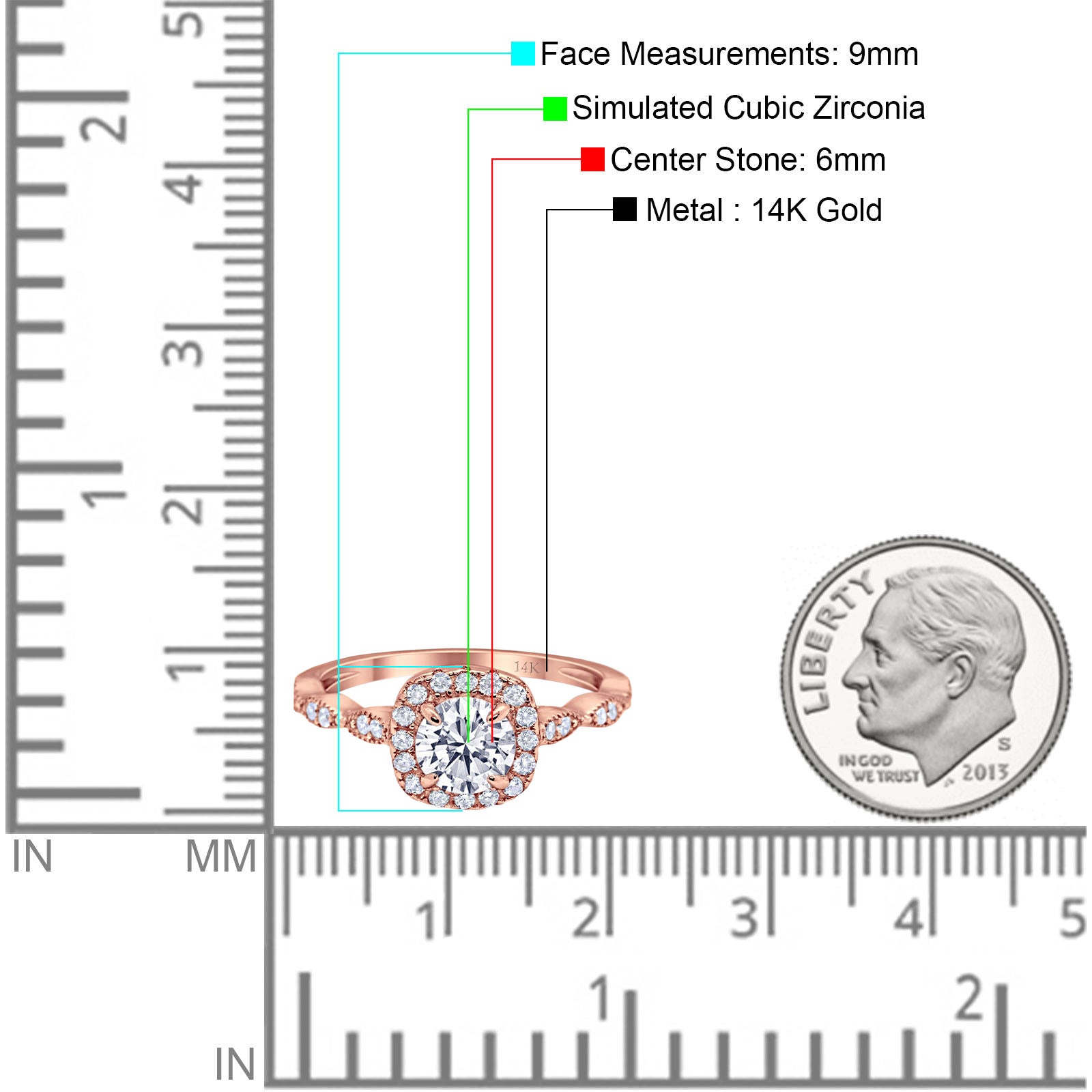 14K Rose Gold Round Art Deco Bridal Simulated CZ Wedding Engagement Ring Size 7