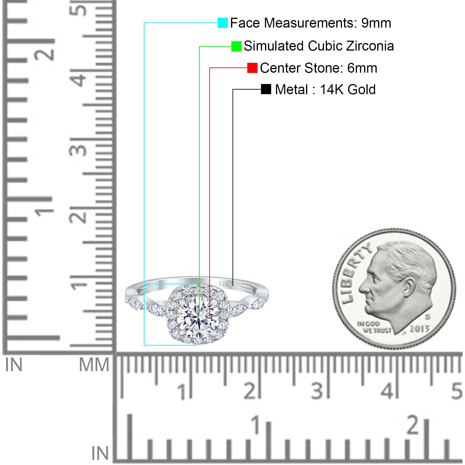 14K White Gold Round Art Deco Bridal Simulated CZ Wedding Engagement Ring Size 7