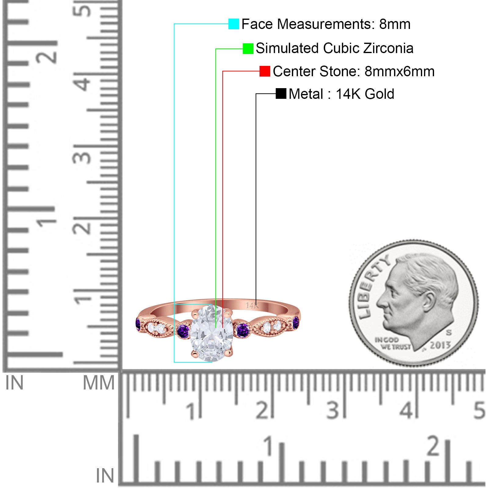 14K Rose Gold Vintage Style Oval Bridal Simulated Amethyst CZ Wedding Engagement Ring