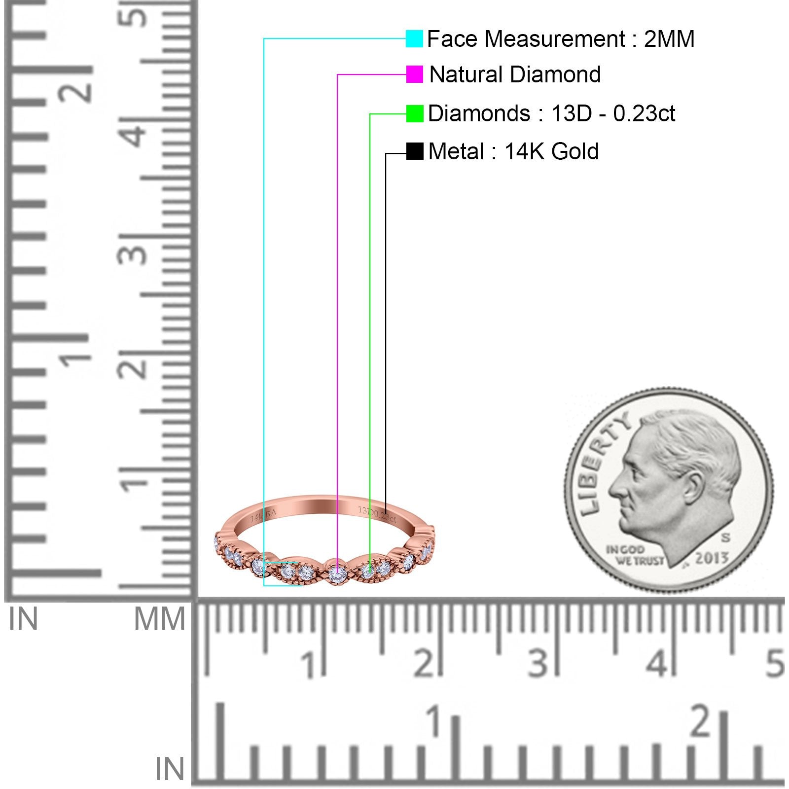 14K Rose Gold 0.23ct Round 2mm G SI Half Eternity Diamond Bands Engagement Wedding Ring