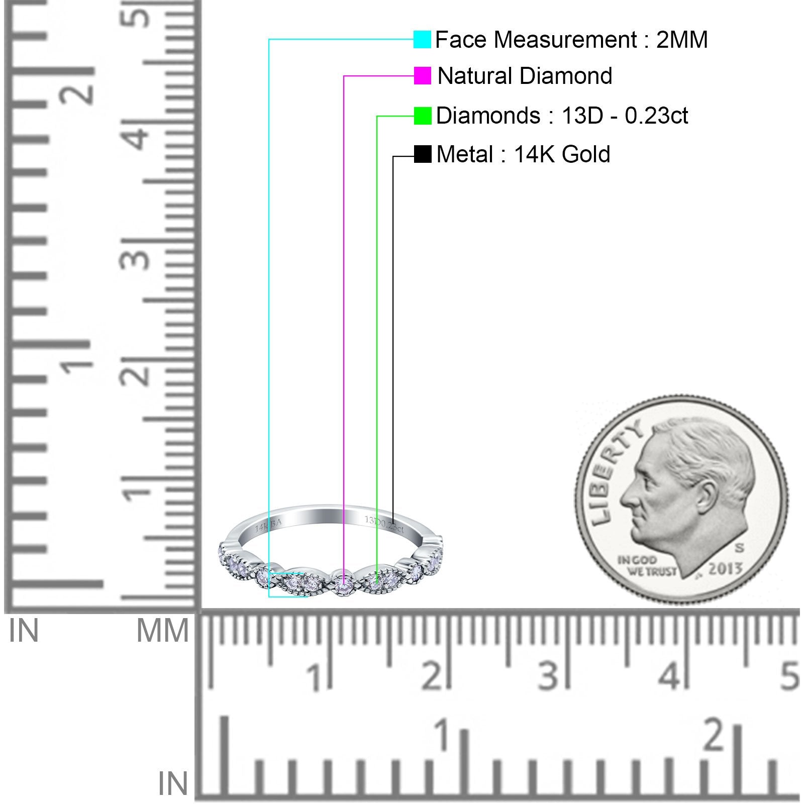 14K White Gold 0.23ct Round 2mm G SI Half Eternity Diamond Bands Engagement Wedding Ring Size 6.5