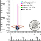 14K Rose Gold 0.99ct Round Petite Dainty 6mm G SI London Blue Topaz Diamond Engagement Wedding Ring Size 6.5