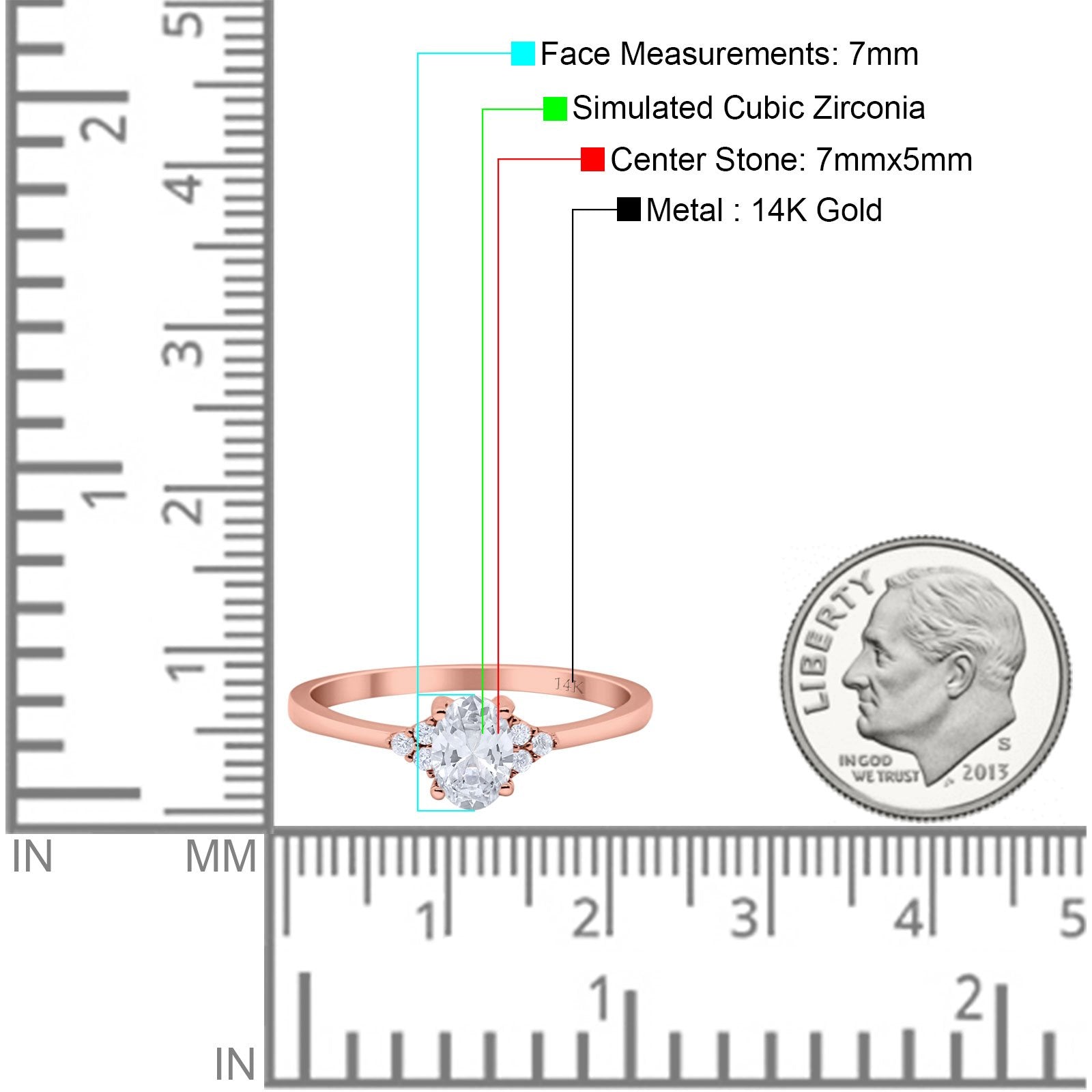 14K Rose Gold Art Deco Oval Engagement Wedding Ring Round Simulated Cubic Zirconia Size-7