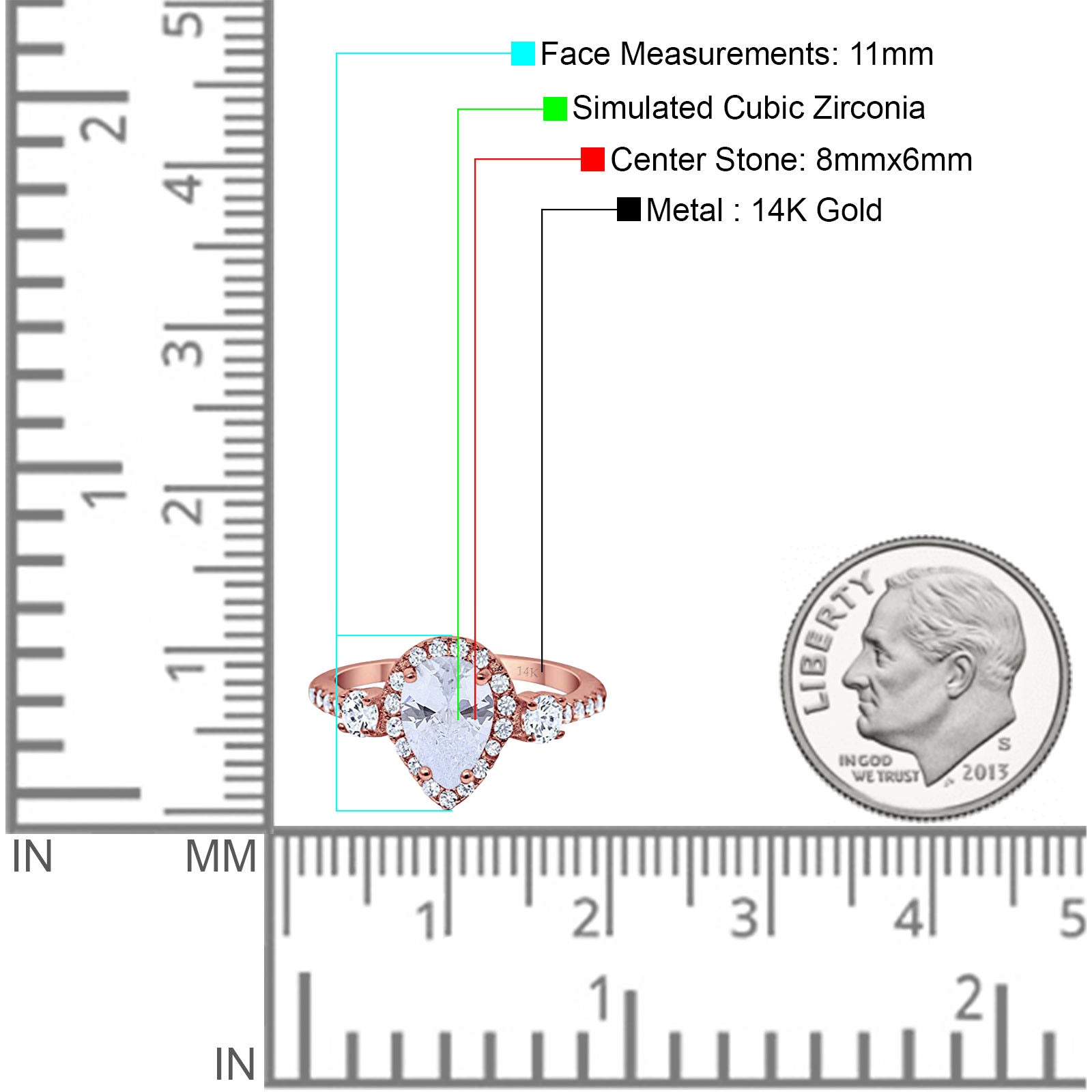 14K Rose Gold Three Stone Halo Teardrop Pear Fashion Bridal Wedding Engagement Ring Simulated CZ Size-7