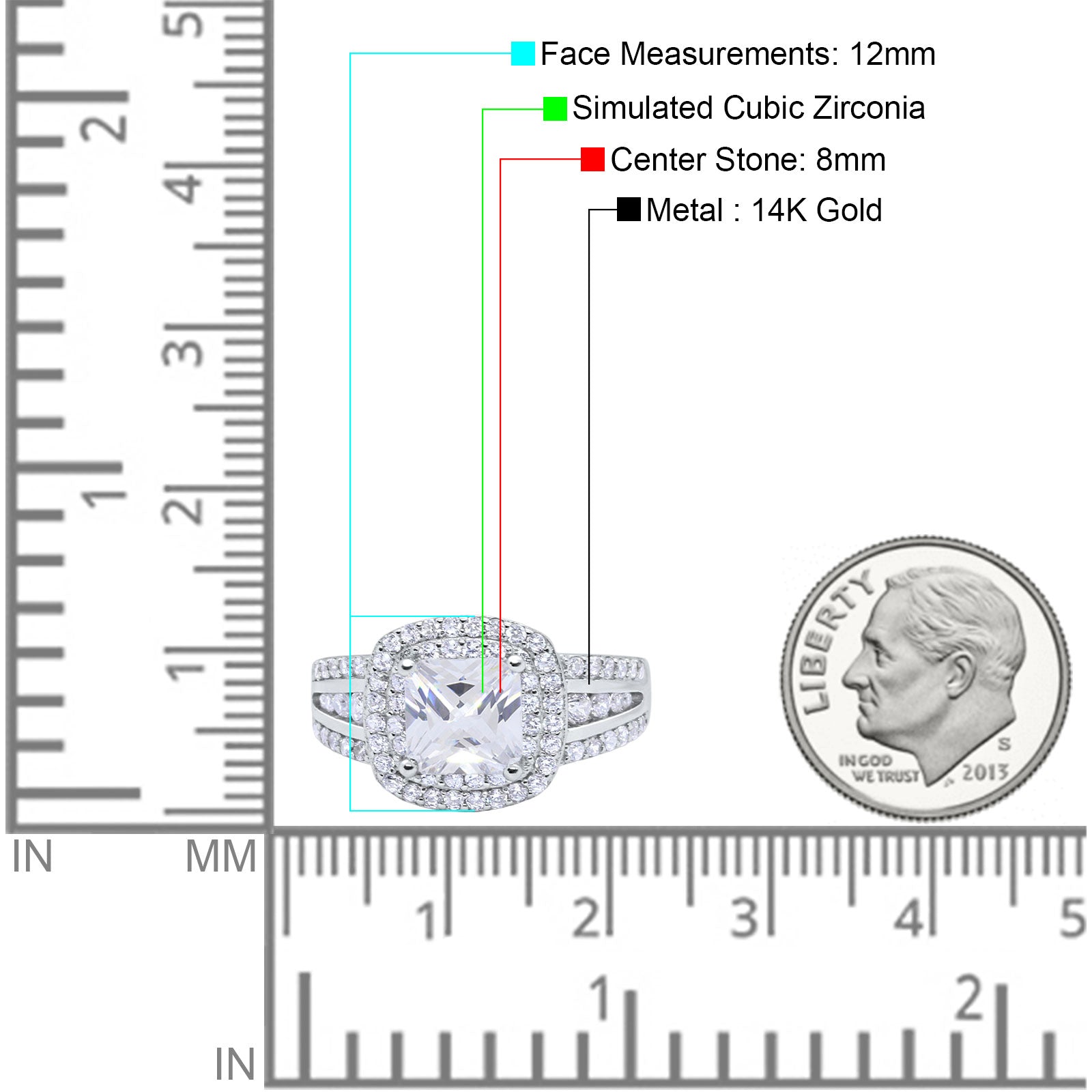 14K White Gold Halo Art Deco Wedding Ring Princess Cut Round Simulated CZ Size-7