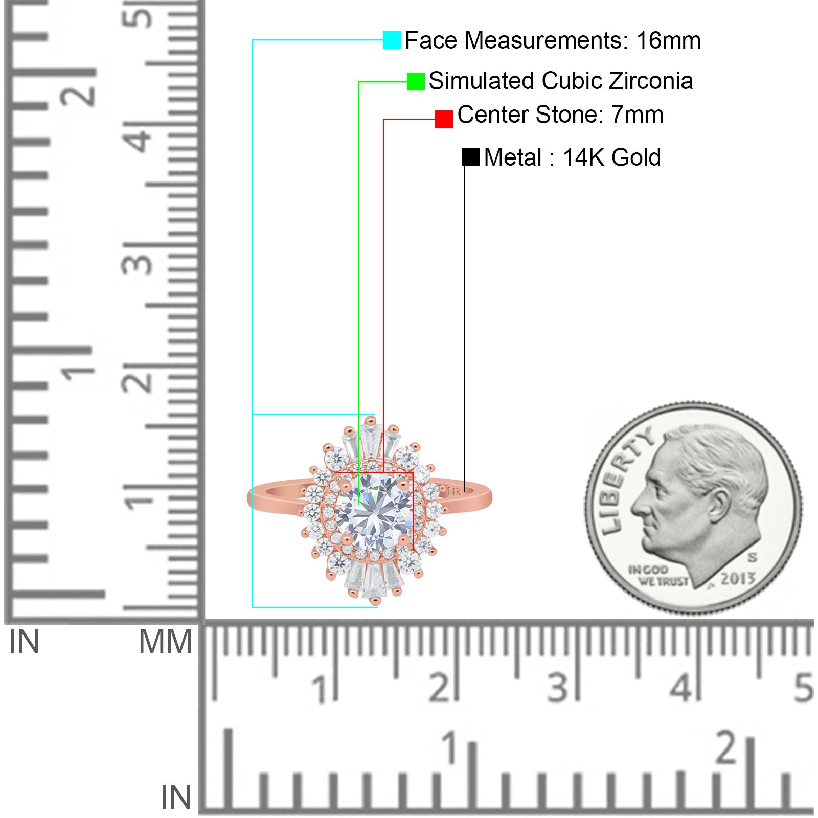 14K Rose Gold Art Deco Round Bridal Baguette Simulated CZ Wedding Engagement Ring Size-7