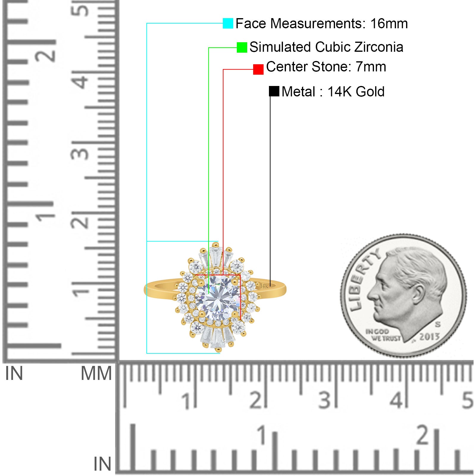 14K Yellow Gold Art Deco Round Bridal Baguette Simulated CZ Wedding Engagement Ring Size-7