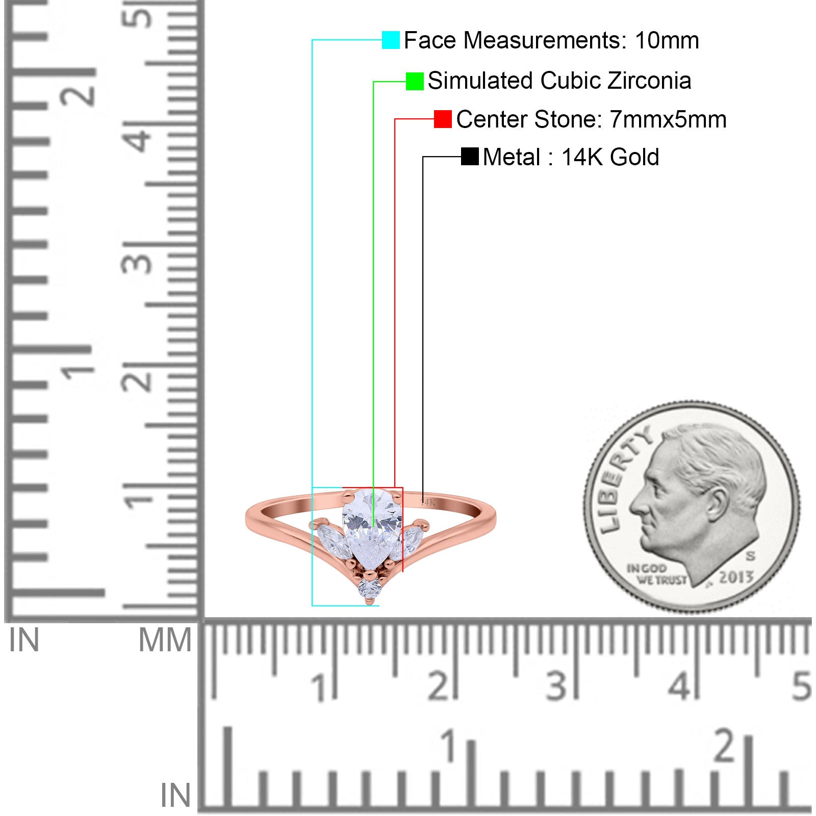 14K Rose Gold Teardrop Pear Art Deco Engagement Ring Marquise Simulated Cubic Zirconia Size-7