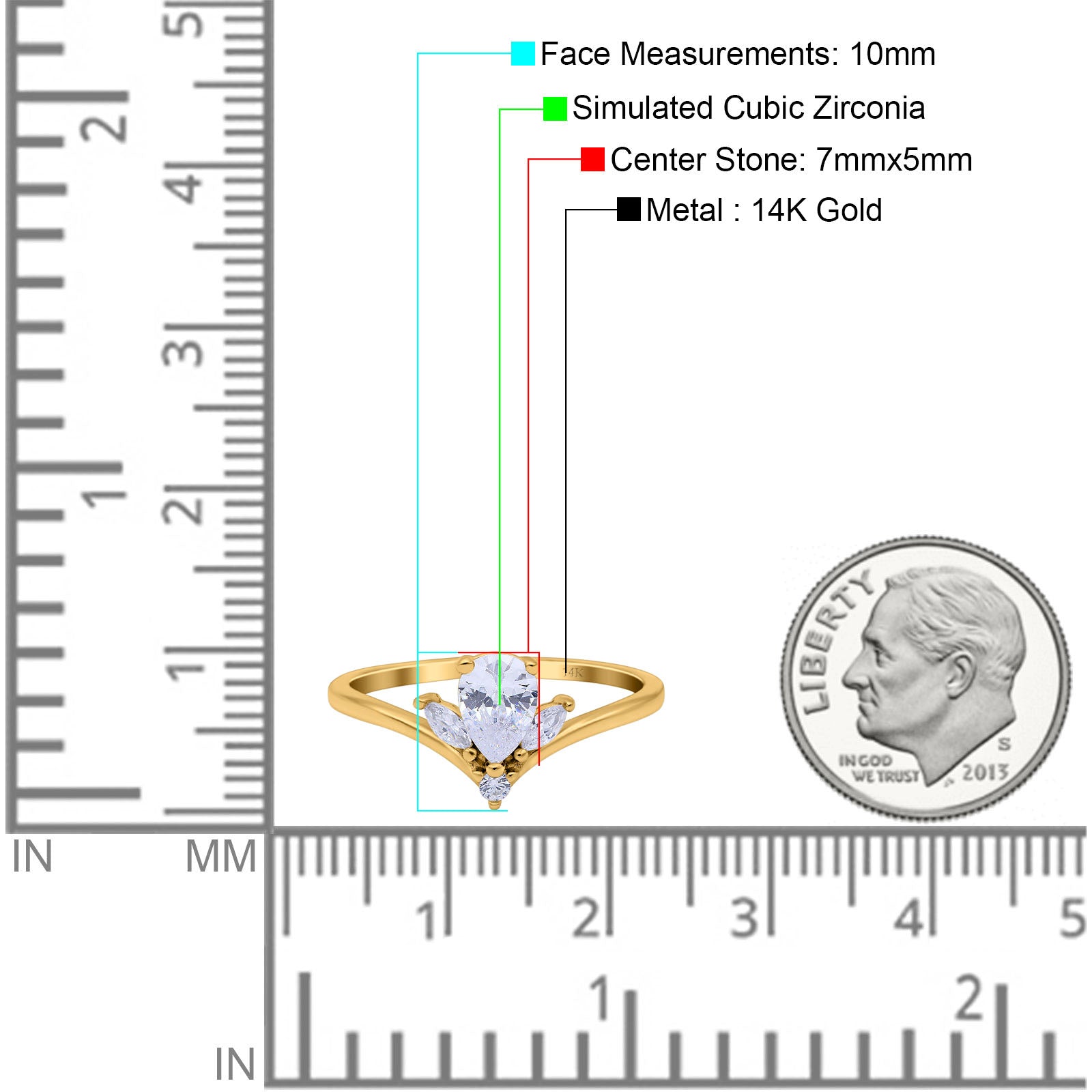 14K Yellow Gold Teardrop Pear Art Deco Engagement Ring Marquise Simulated Cubic Zirconia Size-7