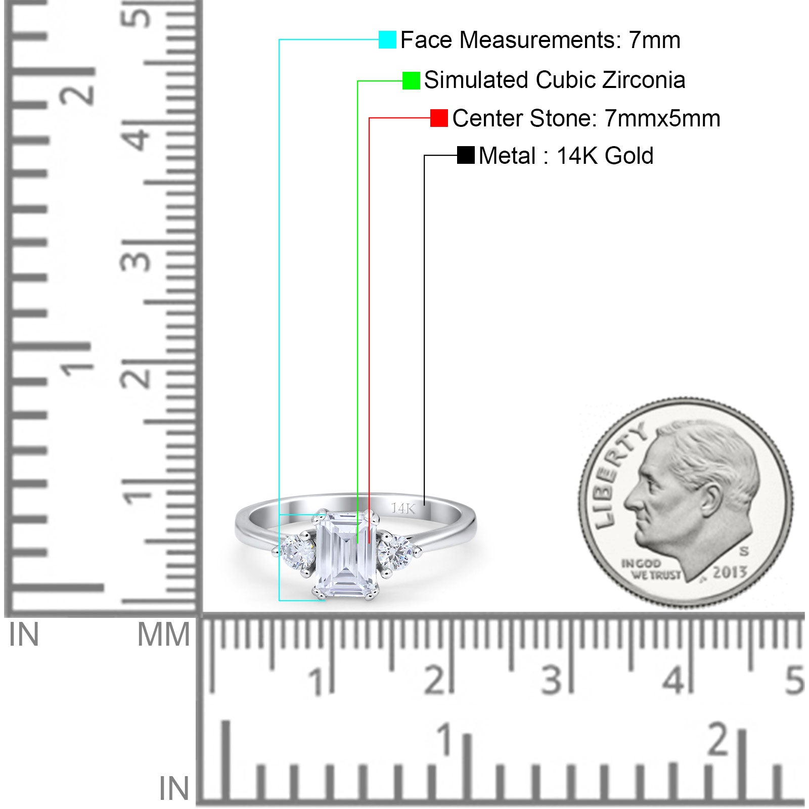 14K White Gold Emerald Cut Wedding Engagement Ring Simulated CZ Size-7