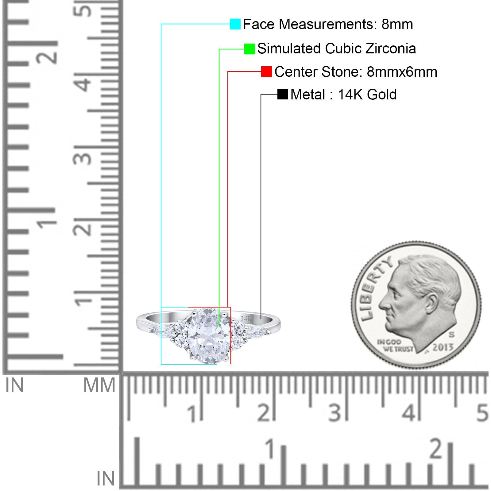 14K White Gold Art Deco Oval Wedding Ring Marquise Simulated Cubic Zirconia